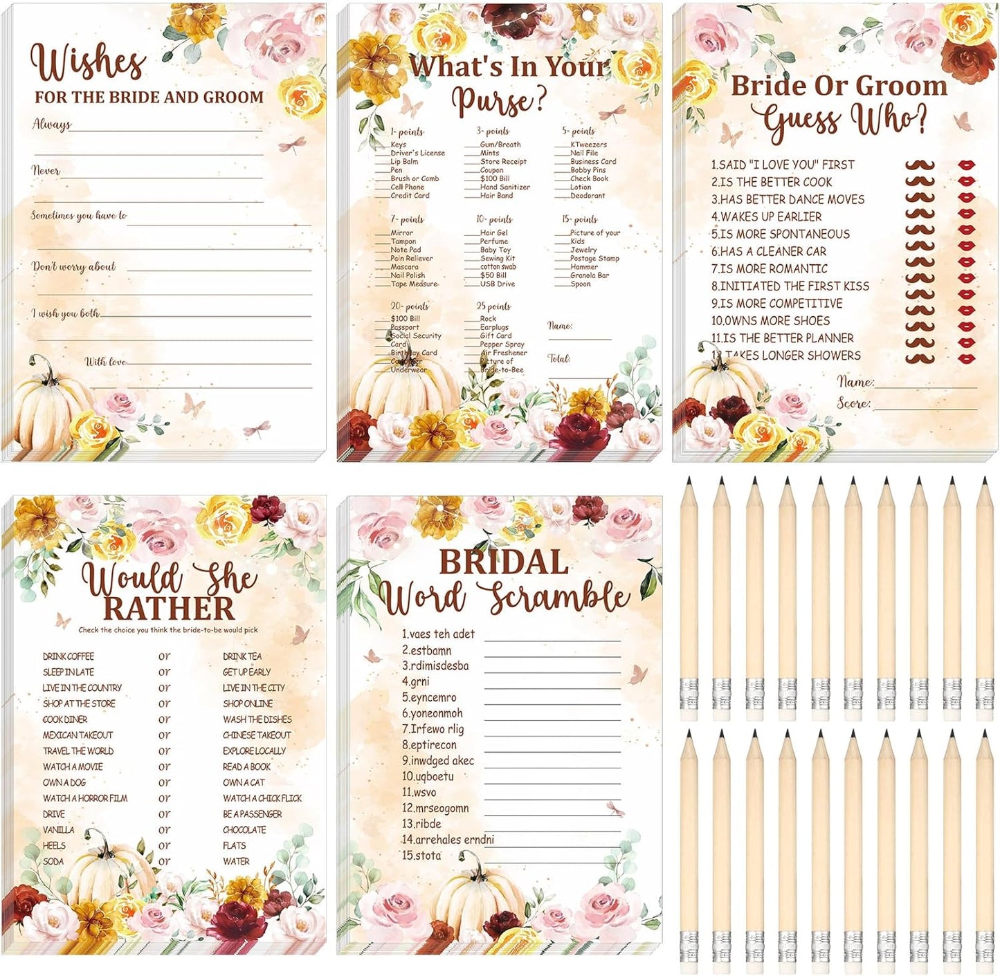 Teling 145 Pieces Bridal Shower Game Bridal Shower Favors Set Wedding Games Cards and Pencils for Bride Groom Bachelorette Party Wedding Party Favor(Fall in Love)