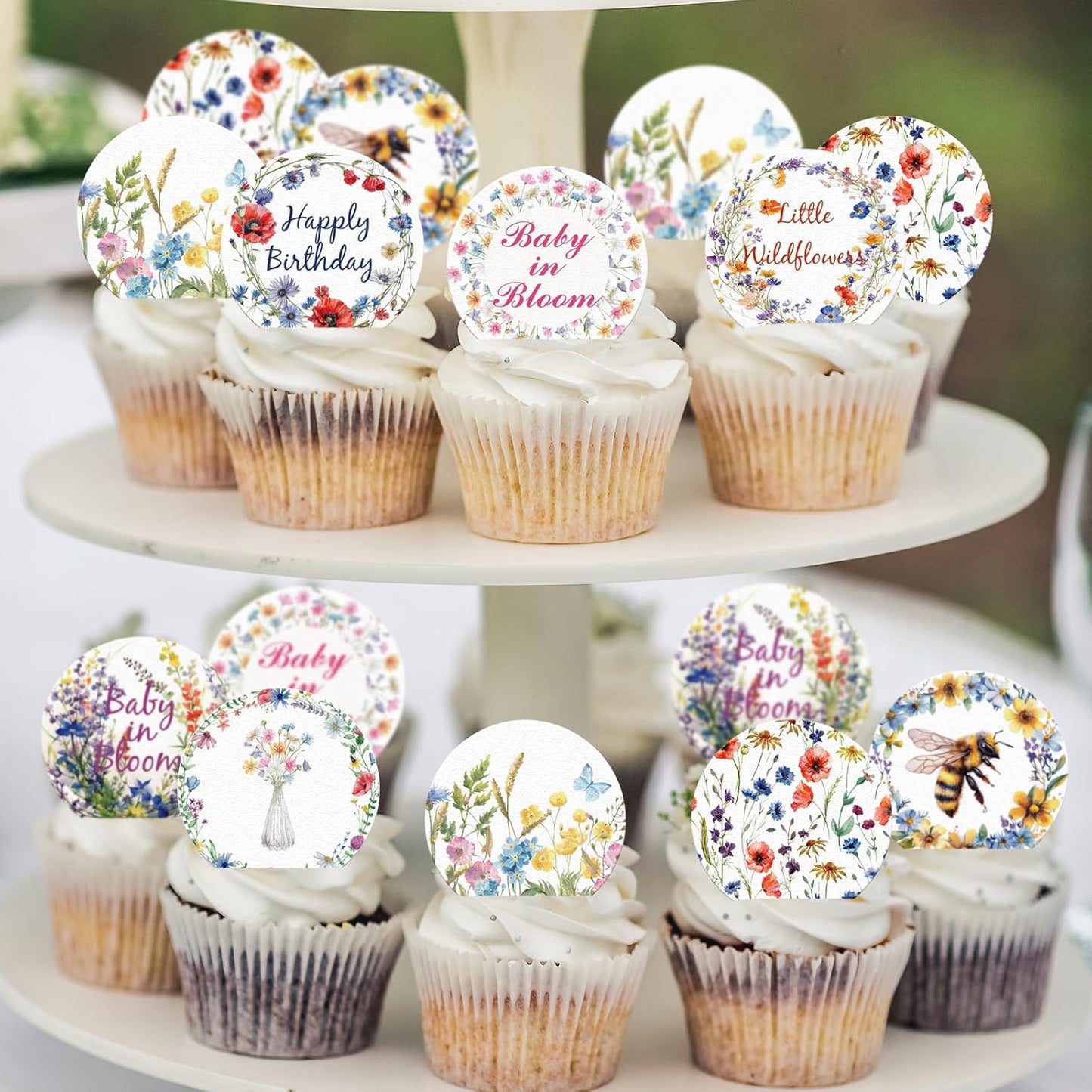 36PCS Edible Wildflower Cupcake Toppers Wafer Paper Baby in Bloom Baby Shower Decorations Flower Birthday Party Decorations Wildflower Cake Toppers for Birthday Party Supplies (Round)