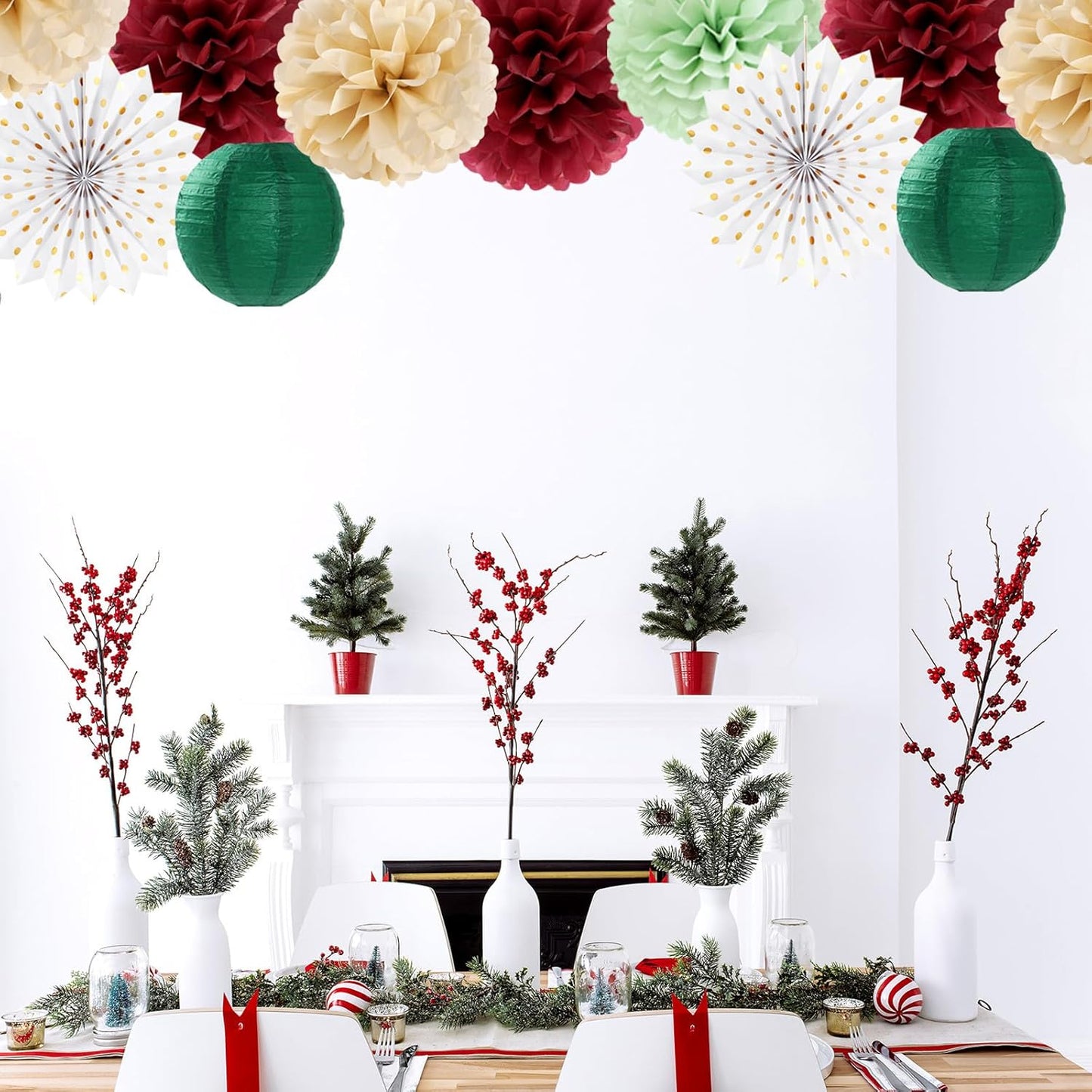 Sage-Olive Green Burgundy-Champagne Boho Party-Decorations - 20pcs Birthday Paper Lanterns Fans,Tissue Pom Poms,Honeycomb Balls,Bunting,Christmas Bridal Baby Shower Wedding Engagement Decor Burgleda