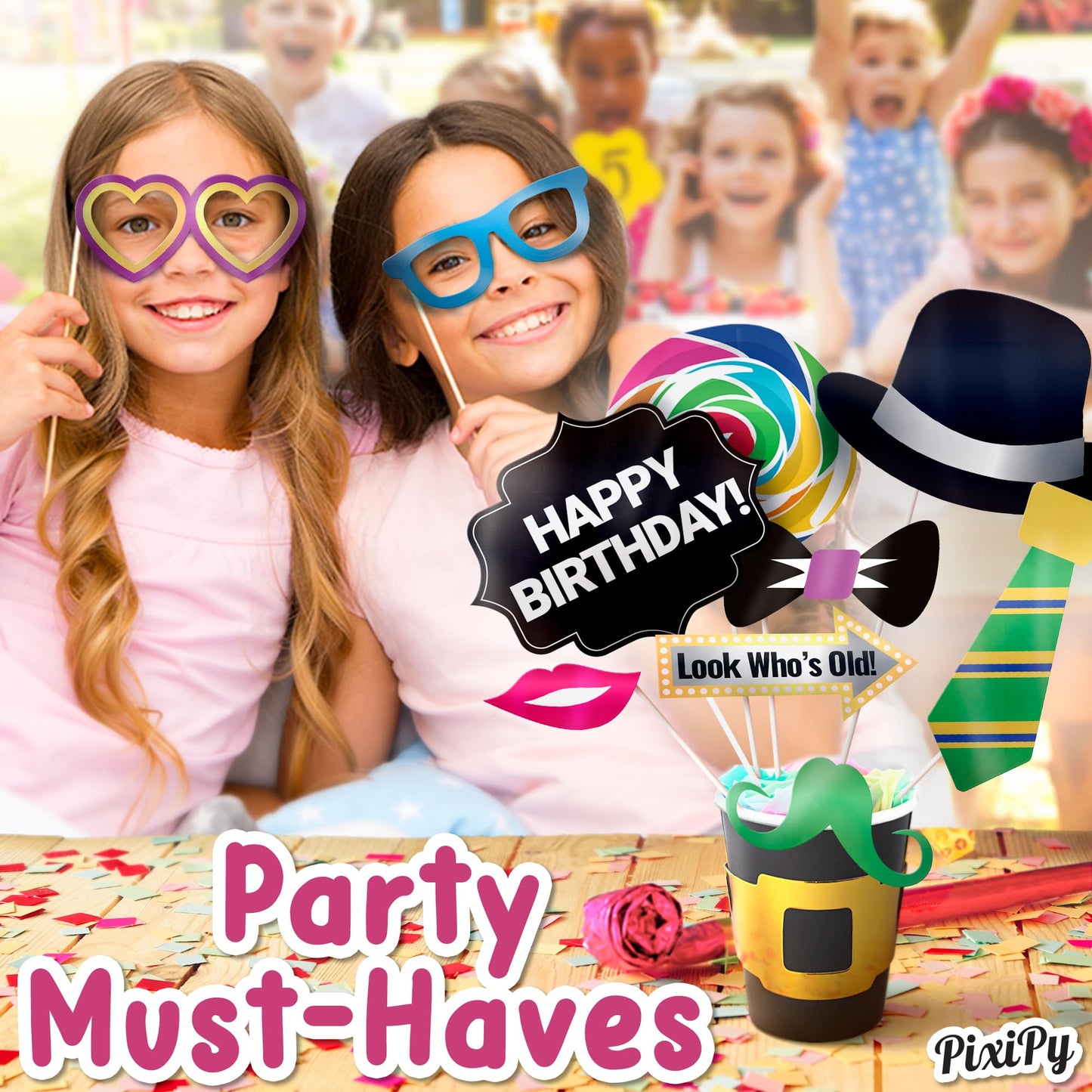 Premium Birthday Photo Booth Props Kit - 54 pc, Multicolored - Happy Birthday Party Fun Photobooth