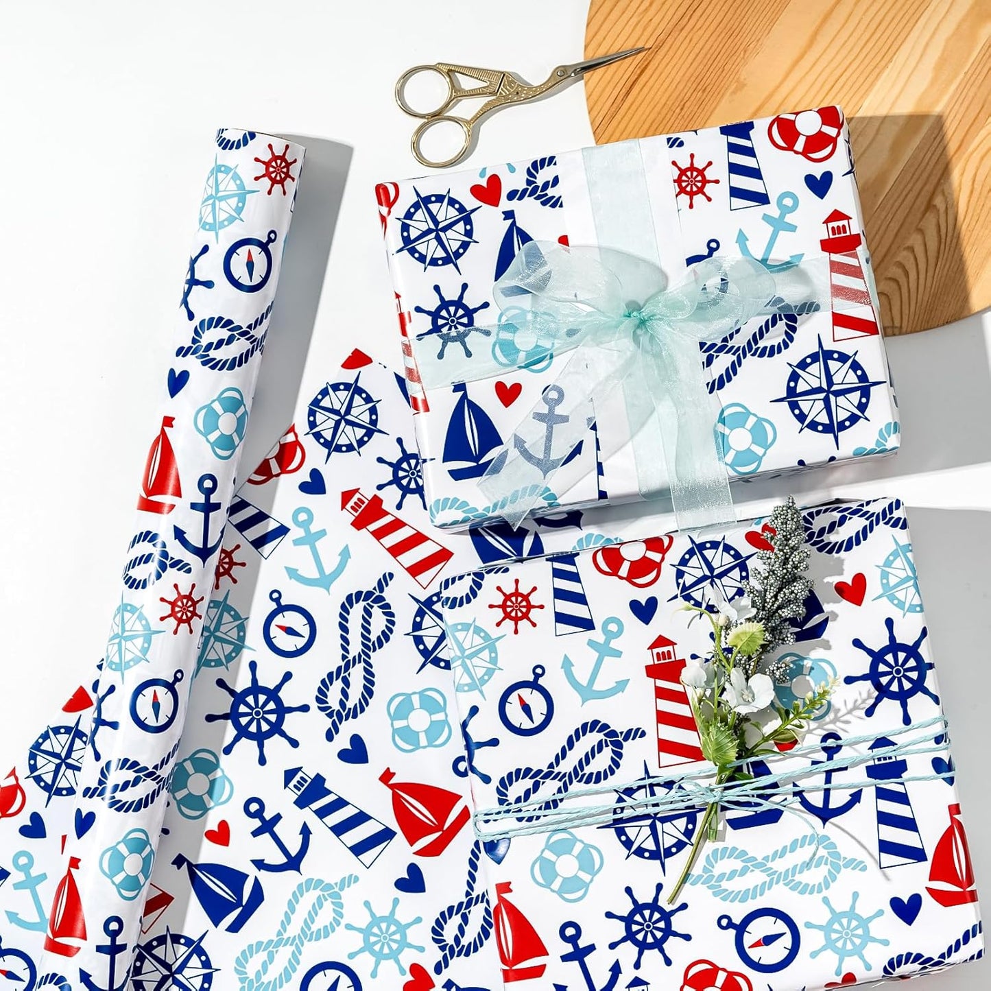 WRAPAHOLIC Nautical Anchors Wrapping Paper Roll - 17 Inch x 33 Feet - Nautical Element Anchor Design Perfect for Birthday, Nautical Beach Decoration, Baby Shower