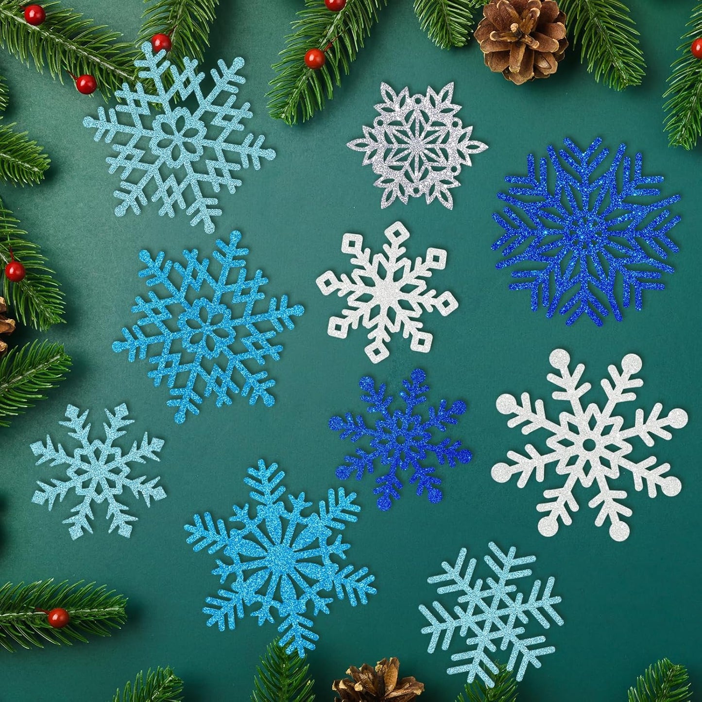 Winter Snowflake Cutouts - Glitter Paper Snowflake Decorations - 100Pcs Blue & Silver Double-Side Christmas Cutouts for Holiday Winter Wonderland Bulletin Board, Frozen Party Decor
