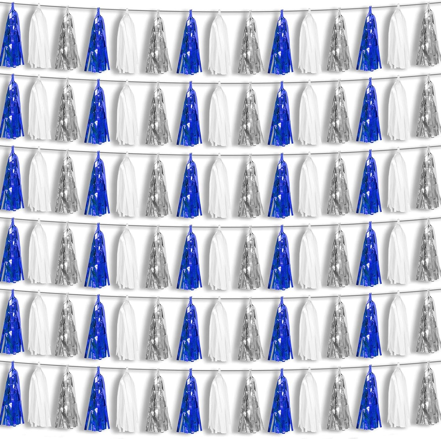 6P Navy-Blue White-Silver Tassel Garland Banner, Tassels Banner Streamers for Parade Floats, Bachelorette, Wedding, Birthday, Graduation, Christmas, Bridal/Baby Shower Party Decorations