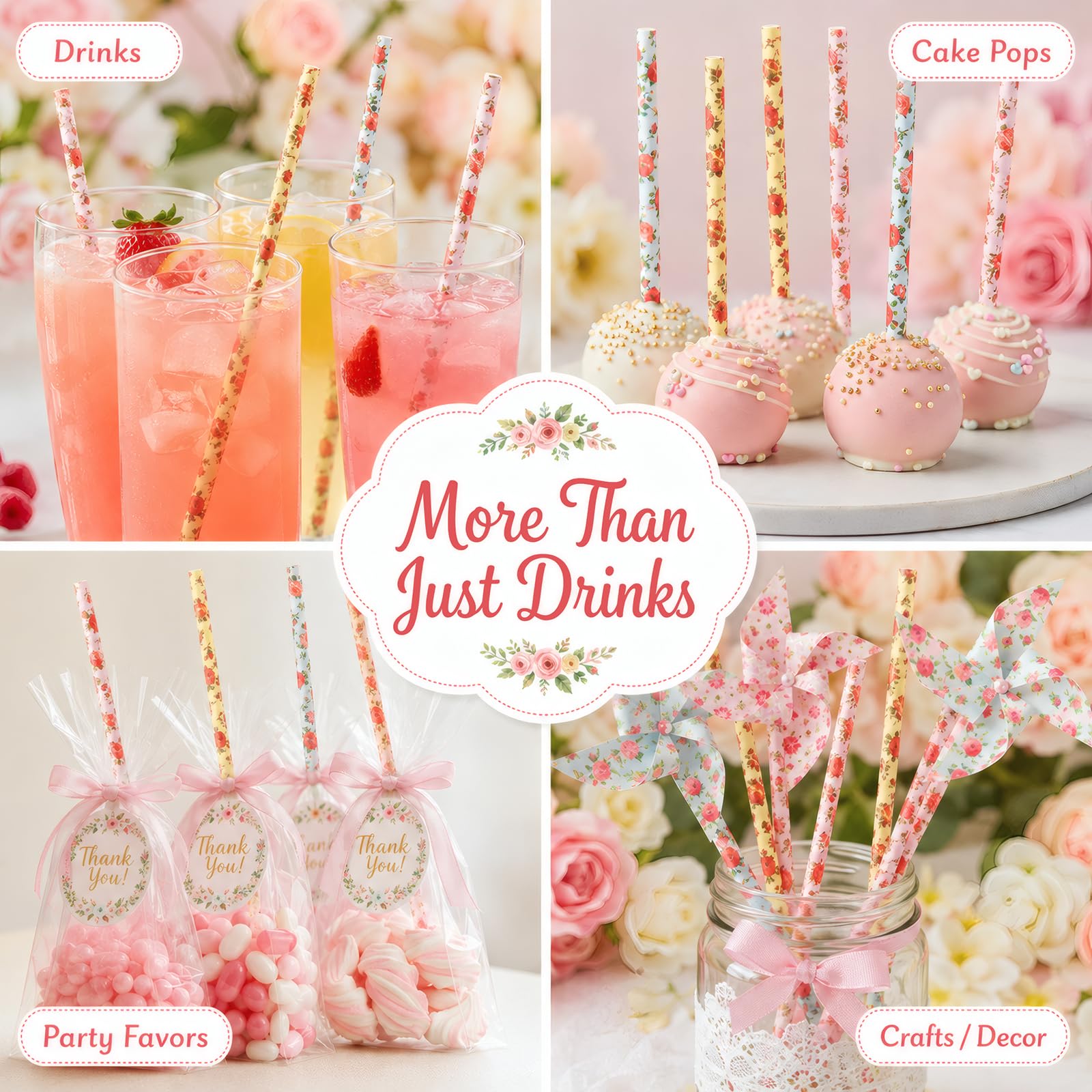 ALINK Floral Paper Straws 100 Count, 7.75 Inch Vintage Rose Disposable Drinking Straws, Decorative