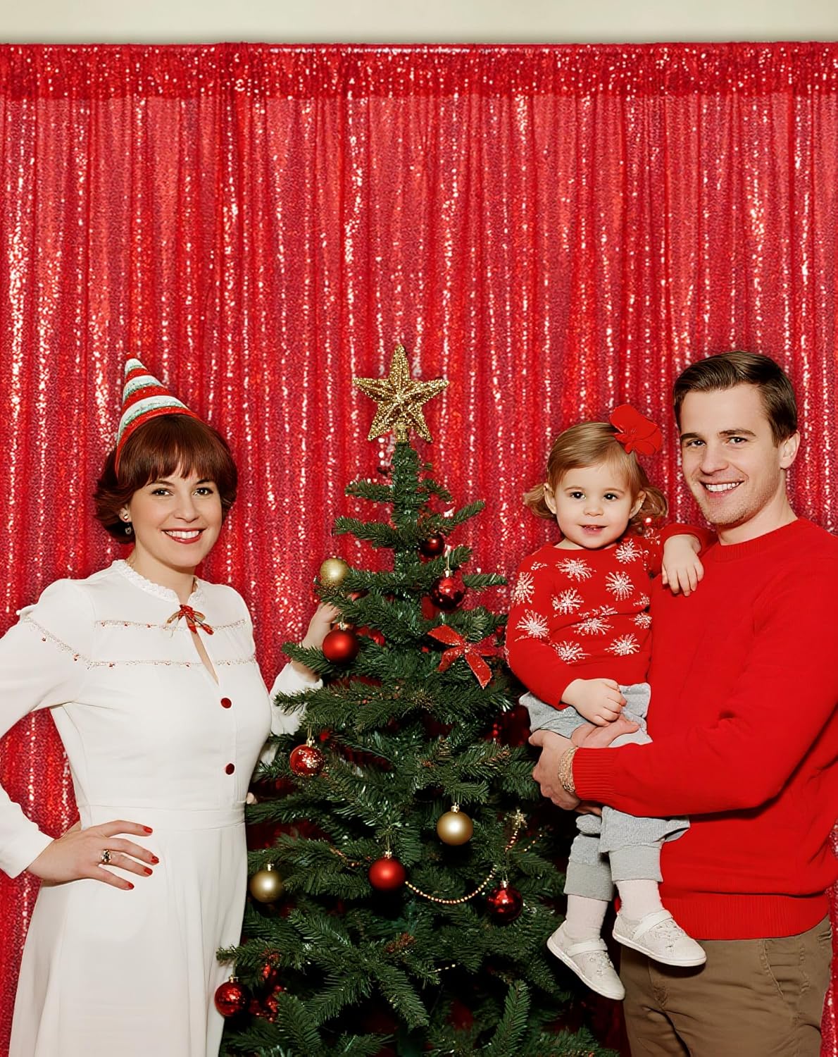 Eternal Beauty Red Sequin Backdrop, 10x10 Ft Glitter Background Curtains for Christmas Shimmer Photography Party Wedding Birthday Back Drop Decor