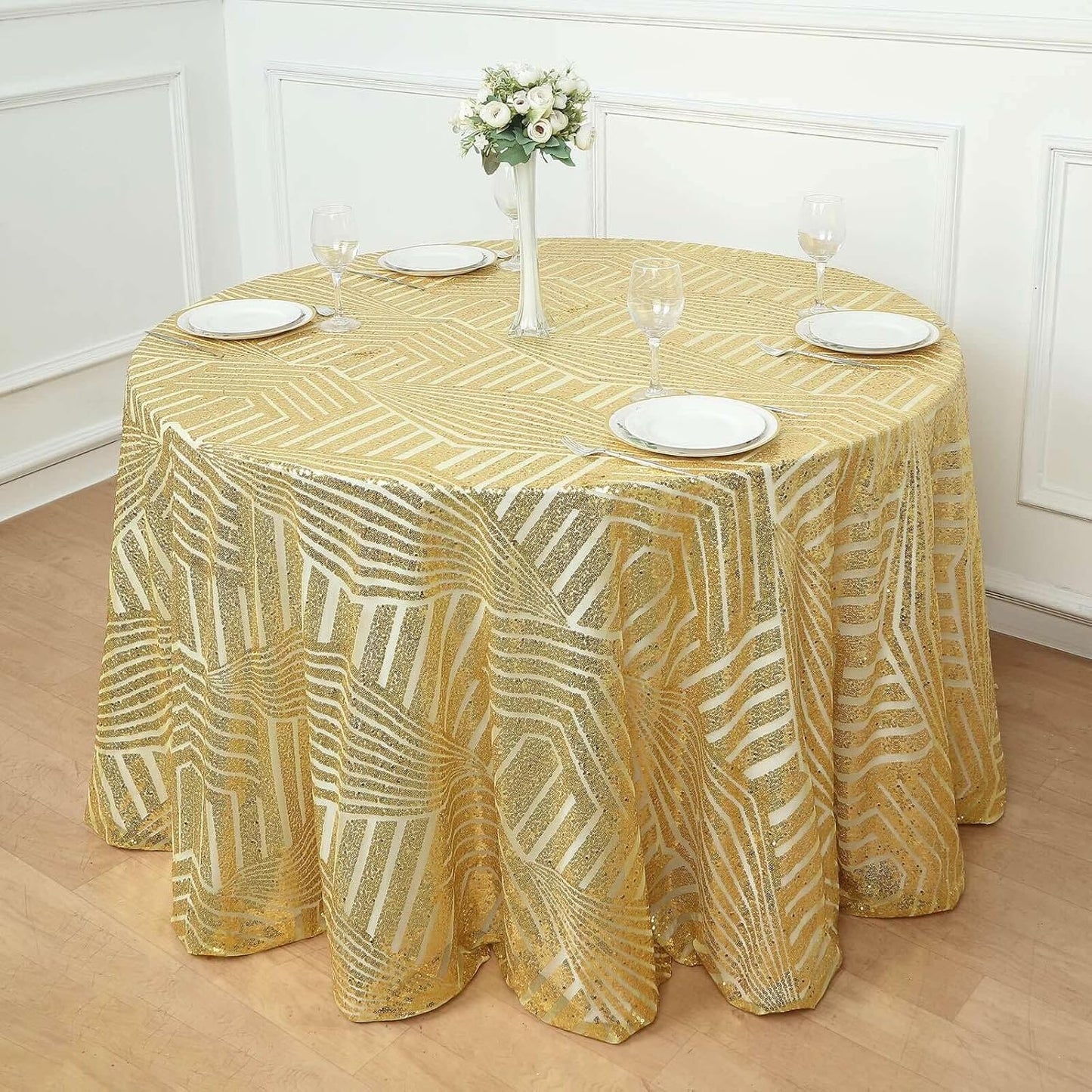 Efavormart 120" Gold Sparkly Sequin Geometric Tulle Round Tablecloth