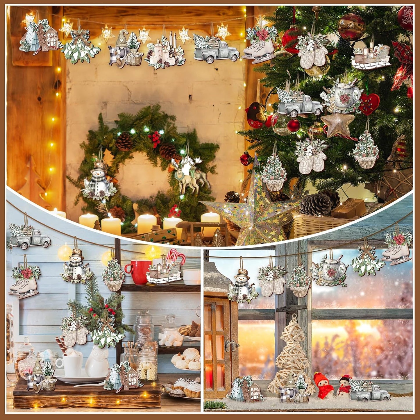 Suzile 36 Pcs Christmas Wooden Ornaments Vintage Christmas Tree Ornaments Xmas Decorations for Tree Wreaths Xmas Hanging Wood Cutouts Decor for Home Winter Party