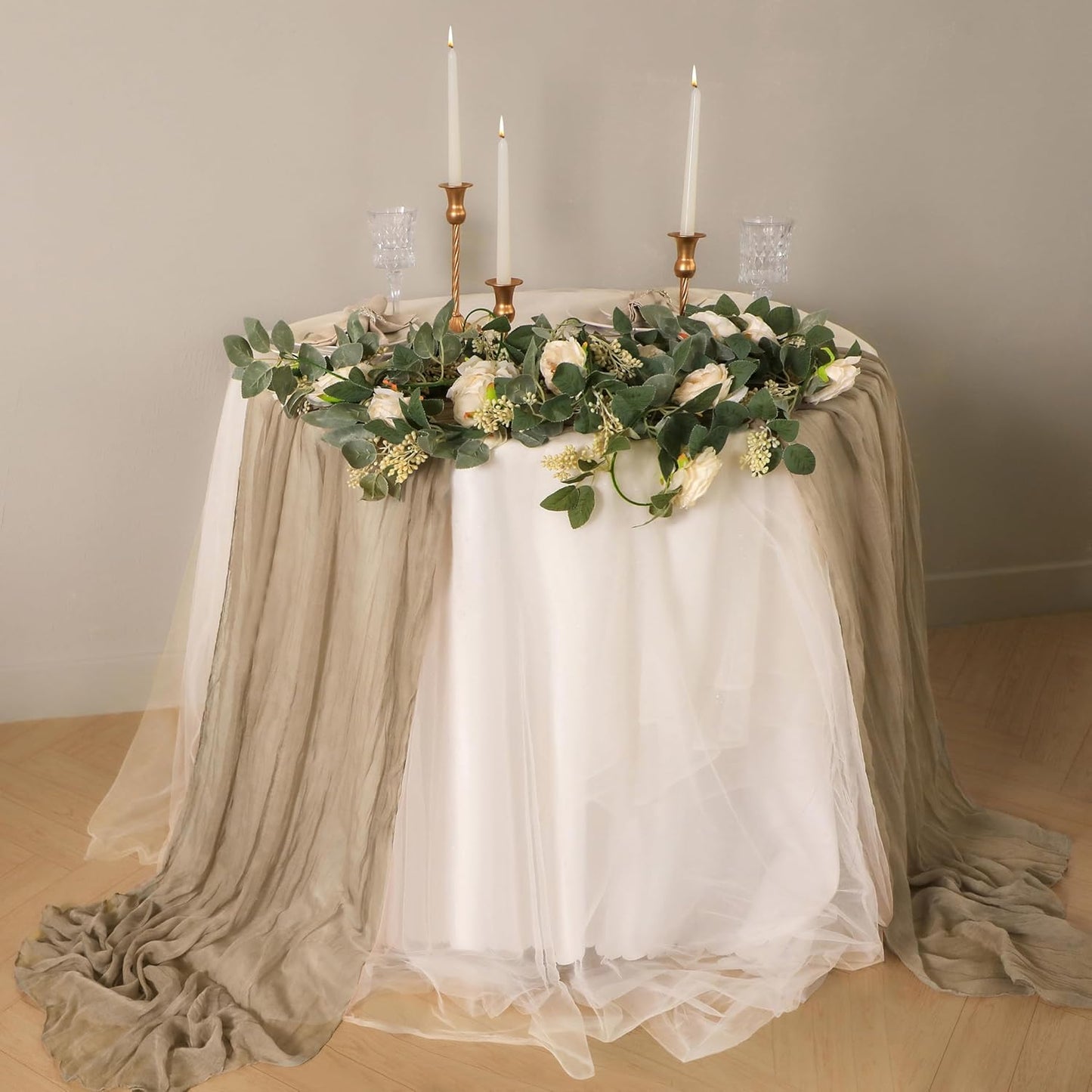 Snowkingdom 6PCS 10 FT Nude Brown Cheesecloth Table Runner, 120 inch Long Cheese Cloth Boho Rustic Gauze Sheer Runner for Wedding Party Baby Shower Birthday Christmas Holiday Table Decorations