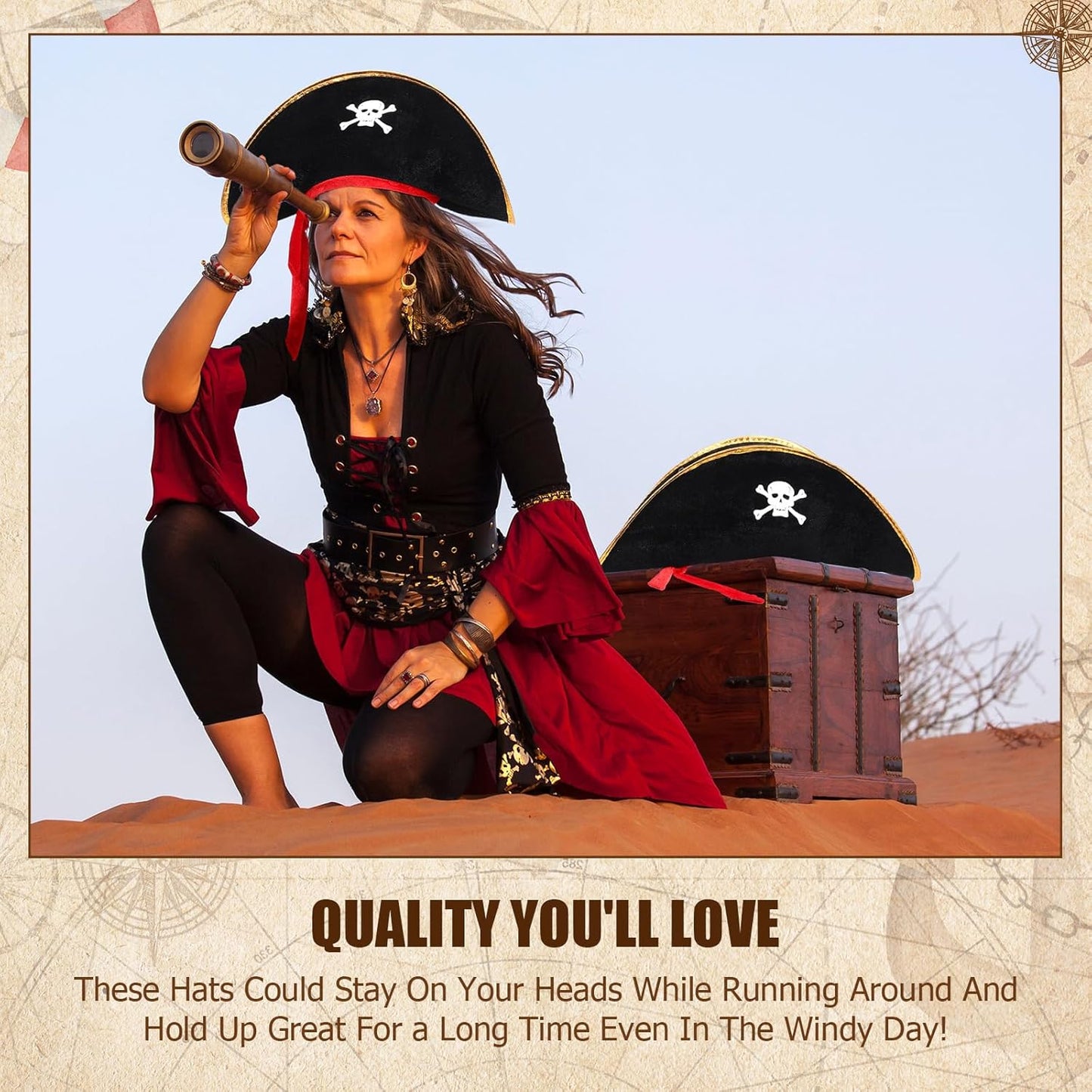 Hsei Pirate Hat Pirate Accesseries Hats for Adult Captain Caps with Skull Print for Masquerade Cosplay, Funny Party Supplies