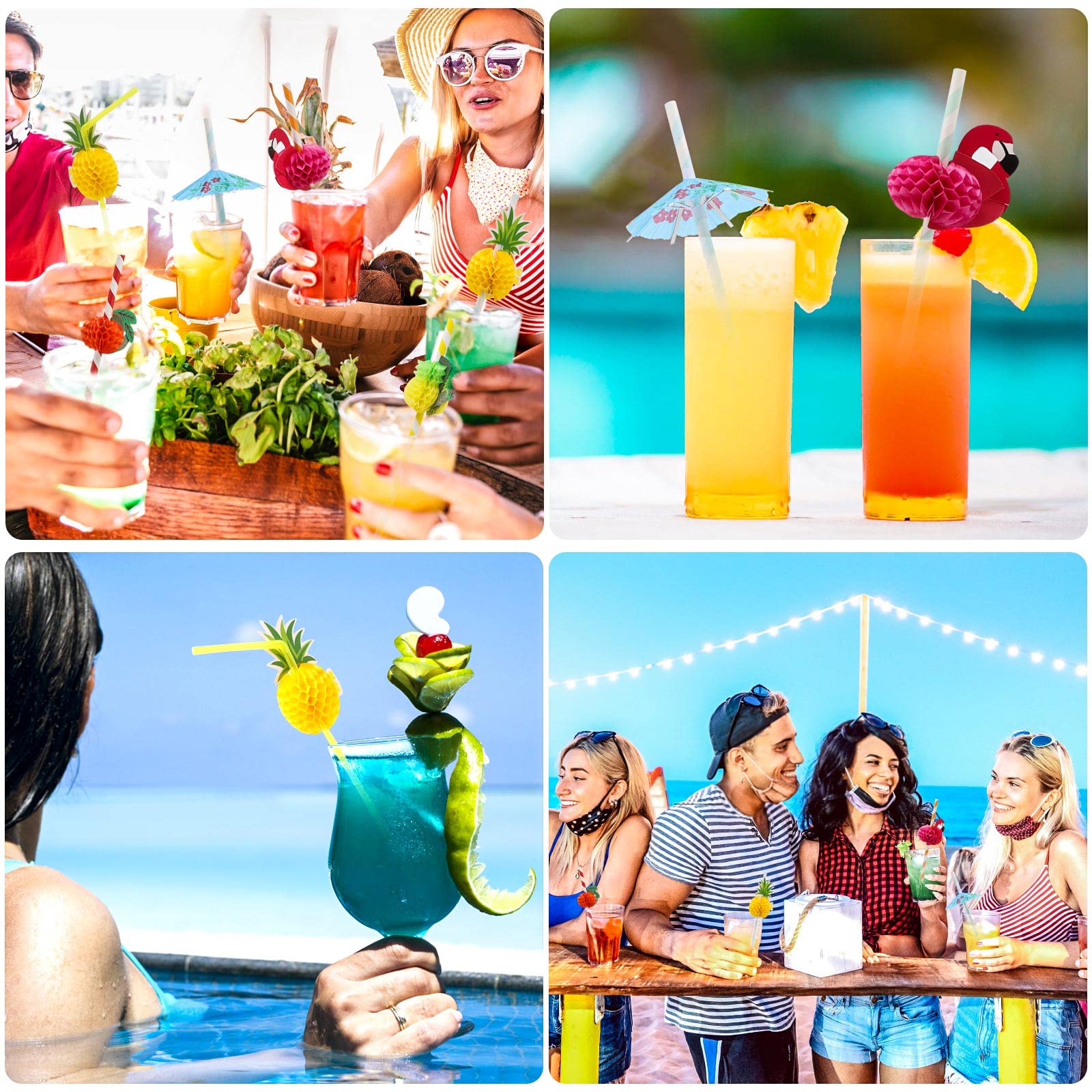 100PCS Flamingo Fruit Straws,Disposable Plastic Drinking Straws,Tropical Hawaiian Beach Summer Pool