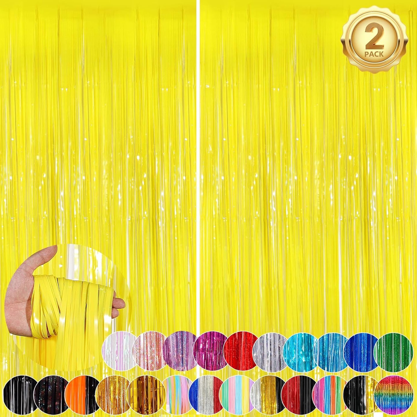 Macaron Yellow Metallic Tinsel Foil Fringe Curtains, 2Pack 3.3x8.3 Feet Streamer Backdrop Curtains for Birthday Wedding Party Decorations, Halloween Decor, Foil Curtain Backdrop for Bachelorette Party