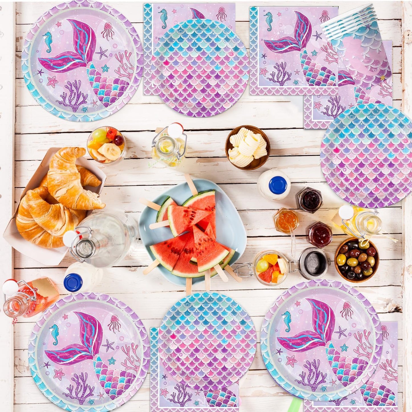 122Pcs Mermaid Birthday Party Decorations Set Mermaid Party Supplies Includes Plates, Napkin, Fork