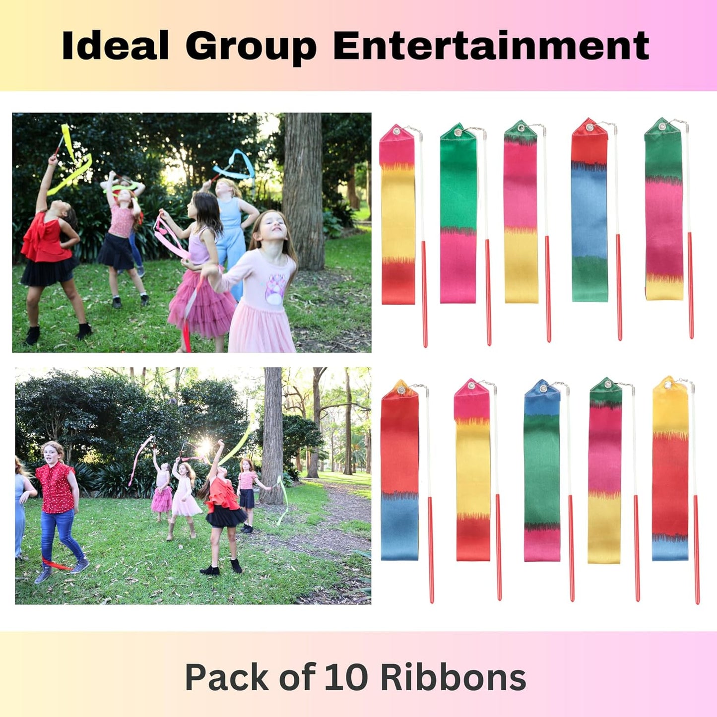 Ribbon Dance Wands 20 Pack, Party Favors for Kids Goodie Bag Stuffers, Rainbow Birhtday Outdoor Party Games (multicolored ribbon with Red grip, 20pcs Set)