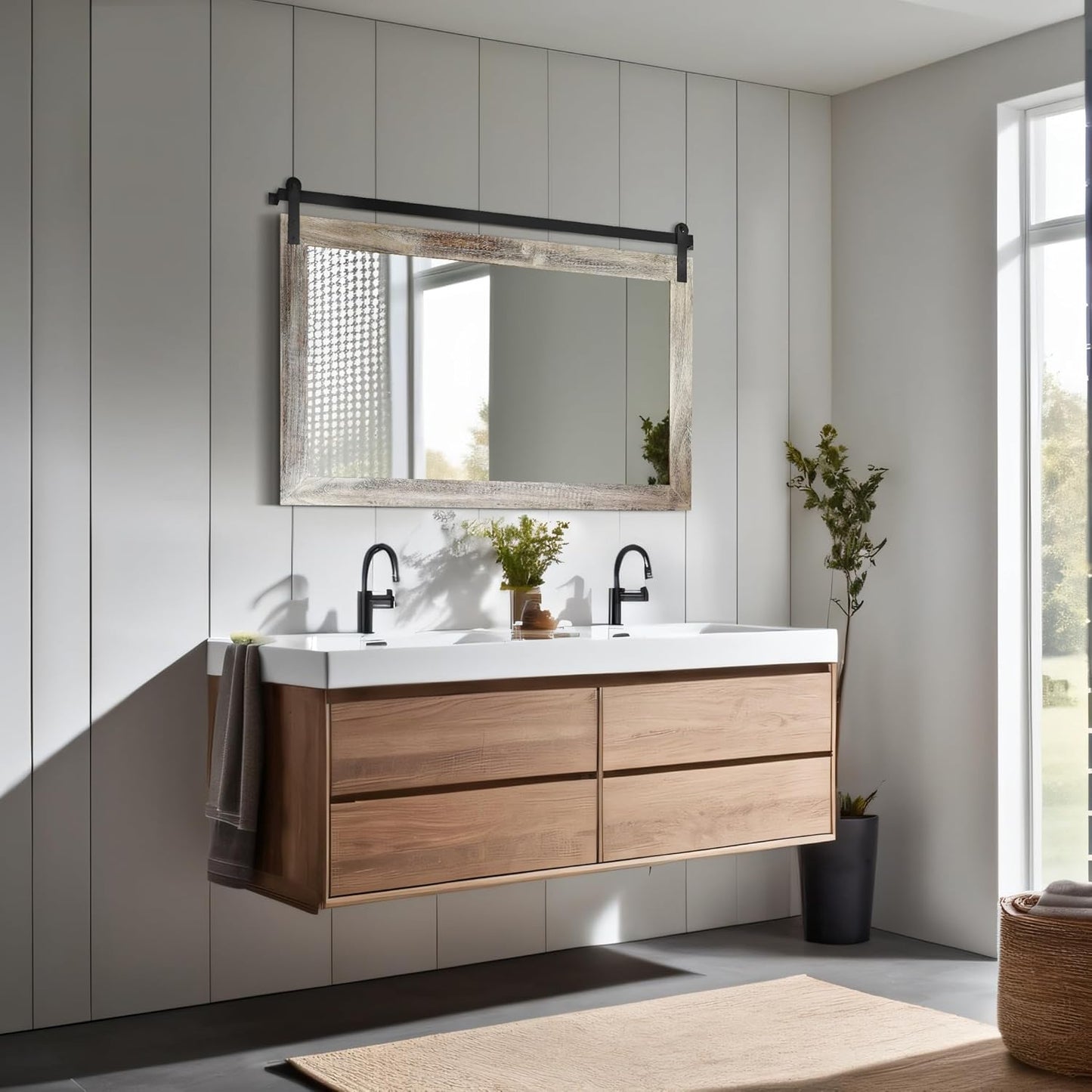 COGOOD Farmhouse Barn Door Mirror - 41" x 26" Rustic Wood Framed Wall Mirror for Bathroom, Living Room, Entryway Wall Decor (Yellow White)