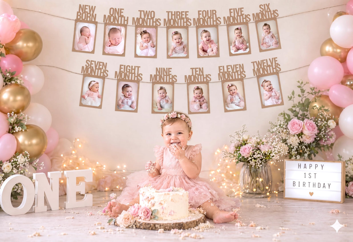 PartyHooman 1st Birthday Photo Banner for Baby from Newborn to 12 Months, First Birthday