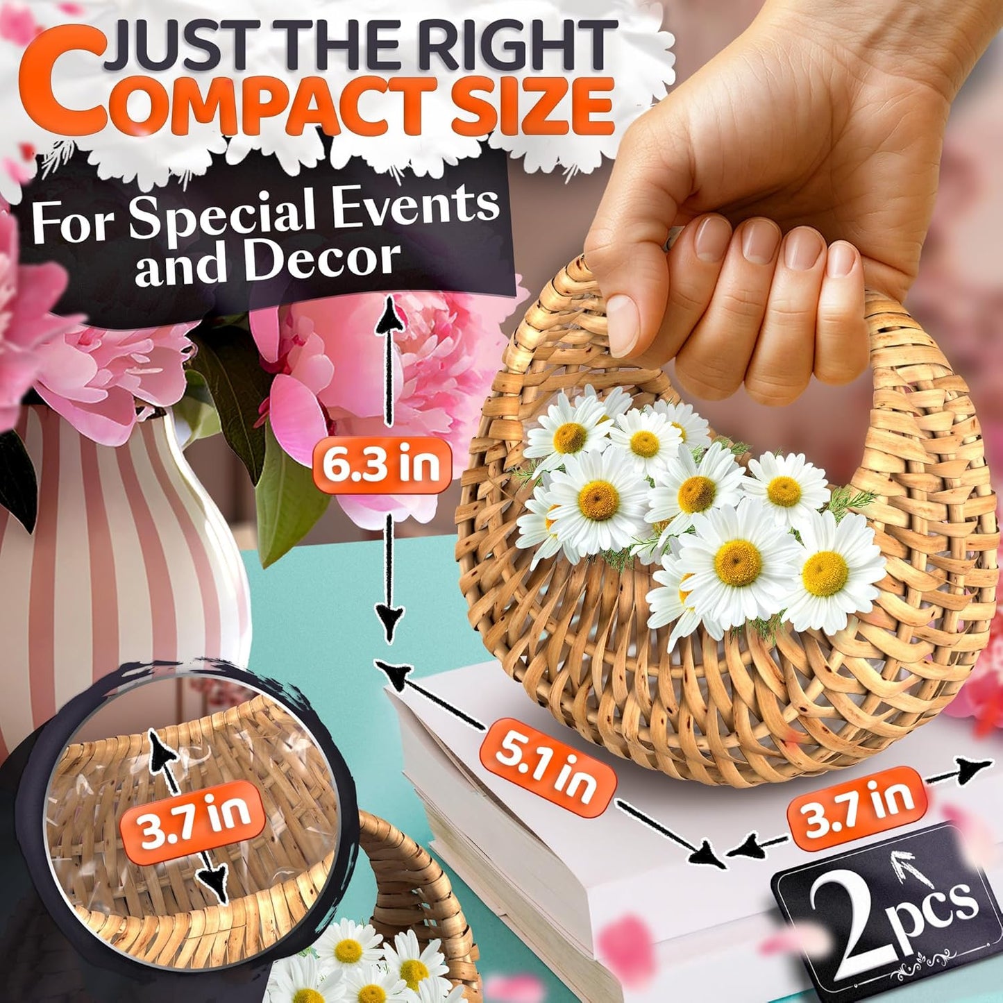 Small Flower Girl Basket Set of 2 – Small Wicker Basket with Handle & Waterproof Lining (6.3" х 5.12" х 3.75") Rustic Style for Wedding Flowers, Sweets & Gifts – Compact, Lightweight & Multifunctional