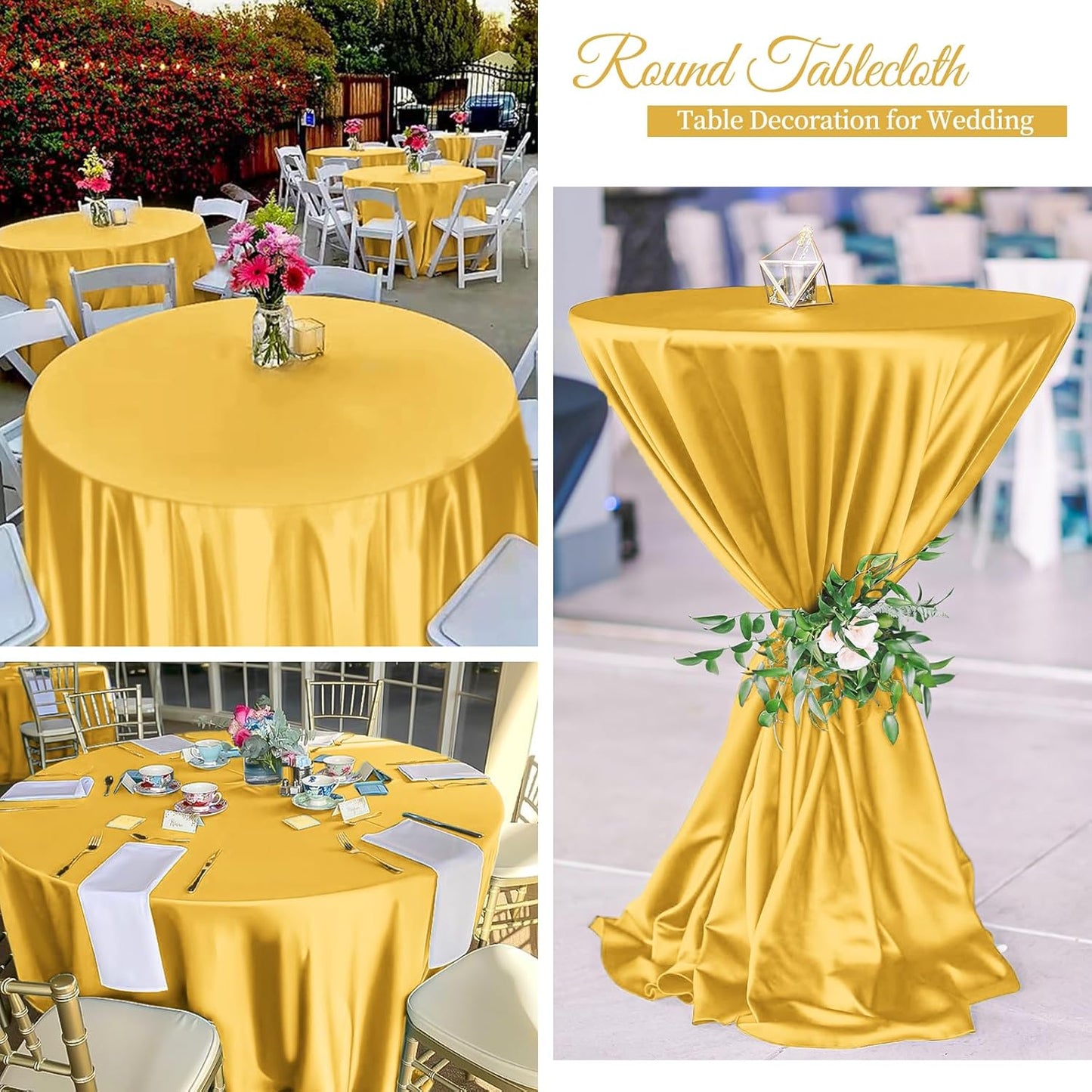 6 Pack 108 Inch Gold Satin Tablecloth - Premium Bright Silky Round Tablecloth Overlay Smooth Fabric Table Cover, Table Decoration for Wedding Party Banquet Events Restaurant Kitchen Dining