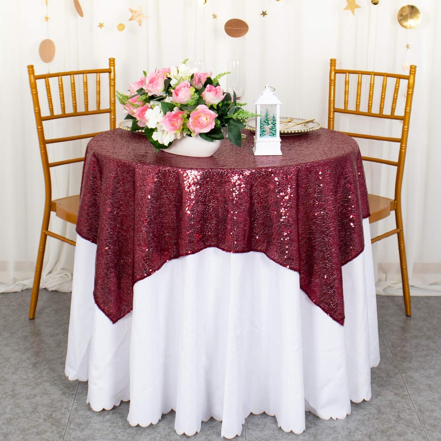 ShinyBeauty Sequin Tablecloth Wine Table Linen Burgundy Table Cover 36x36 Inches Table Overlays for Wedding Party Decor Small Square Tablecloth 36x36 for Round Tables