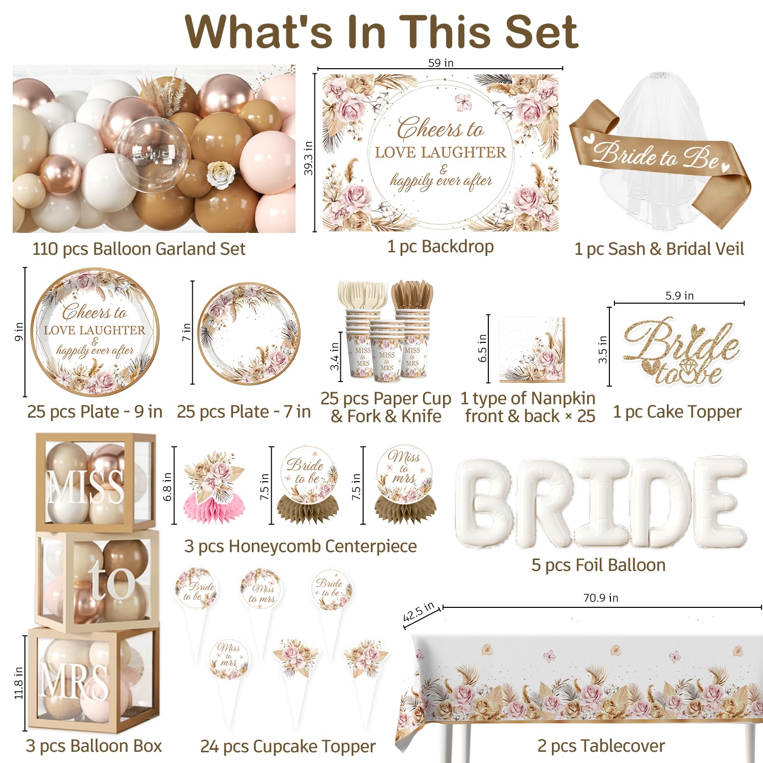 cocomigo 301pcs Boho Bridal Shower Decorations Complete Party Set 25 Guests