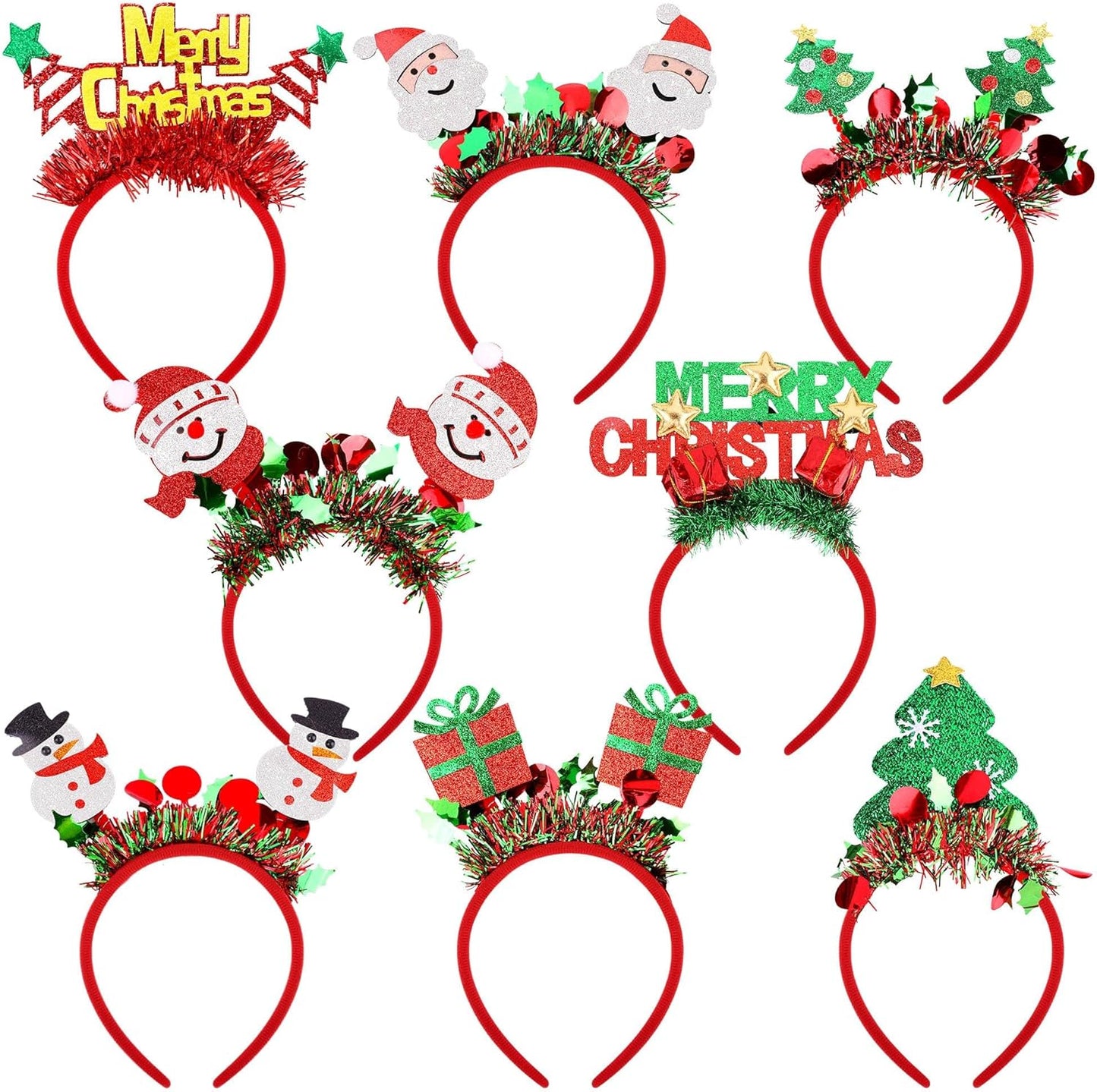 Aodaer 8 Pack Christmas Headbands Glitter Xmas Headband Costume Headwear Assorted Styles Snowman Santa Christmas Tree Gift Headband for Christmas Party Favors