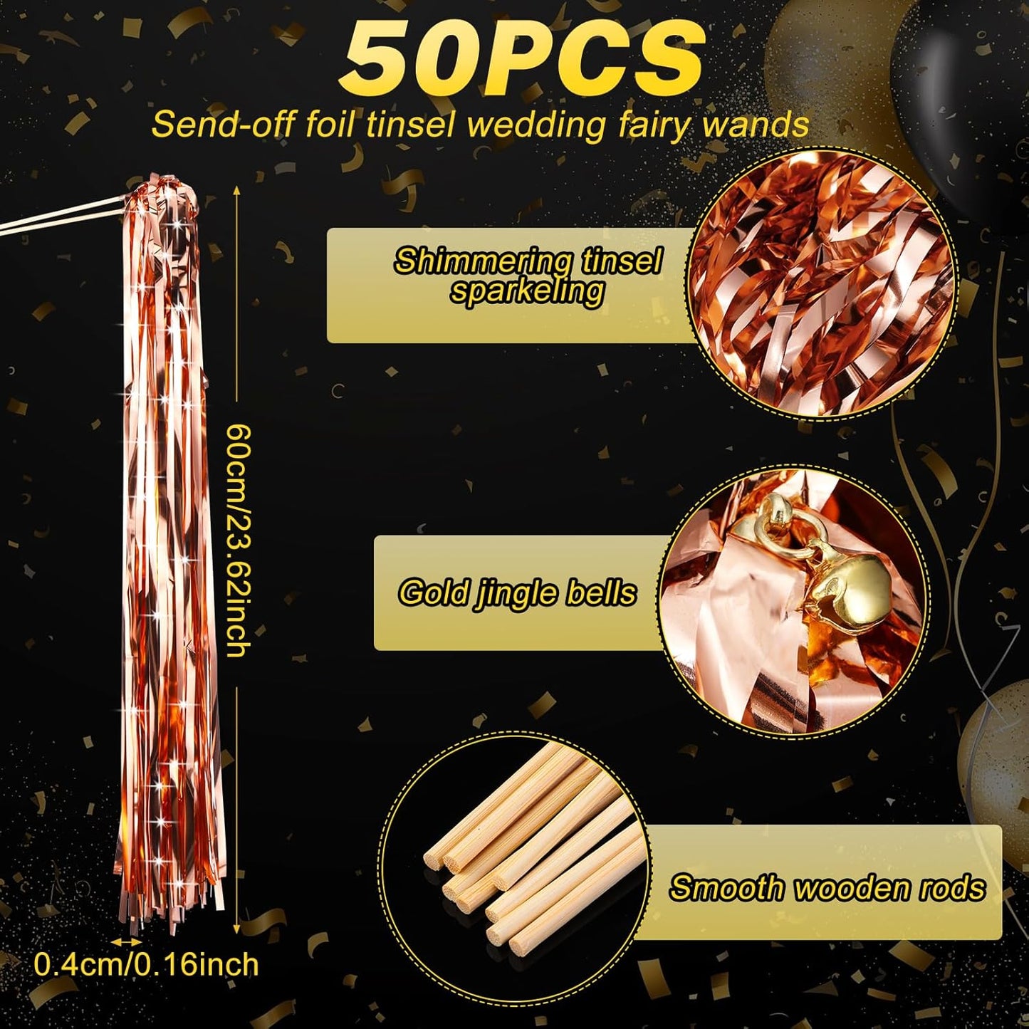 50 Pcs Wedding Fairy Wands with Bells Foil Tinsel Ribbon Stick Wands Tinsel Party Streamers with Bell Glittery Bridal Wedding Send Off Ideas Holiday Celebration (Rose Gold)