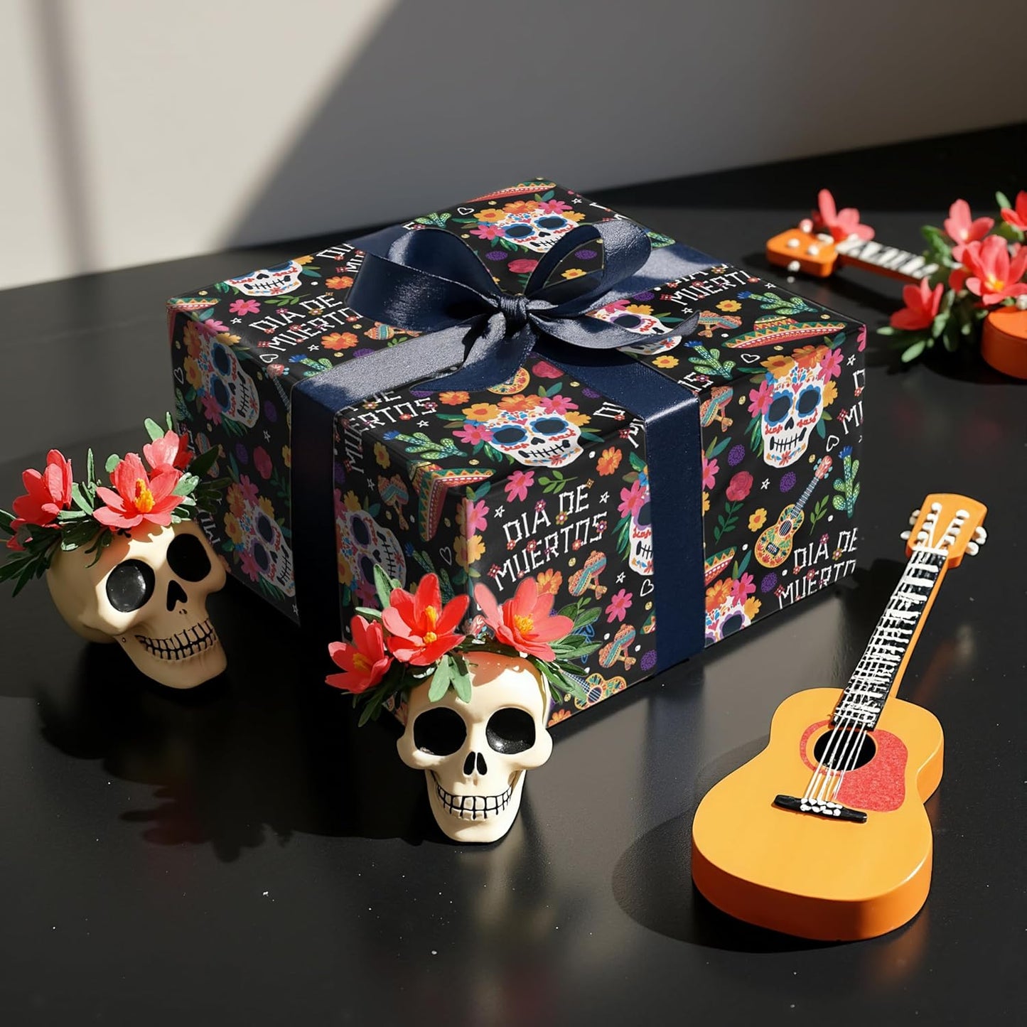 LeZakaa Day of the Dead Wrapping Paper Roll, Colorful Sugar Skulls Maracas Flowers Sombreros Design, Día de Muertos Gift Wrap in Black, Mini Roll 17 in x 16.4 Ft