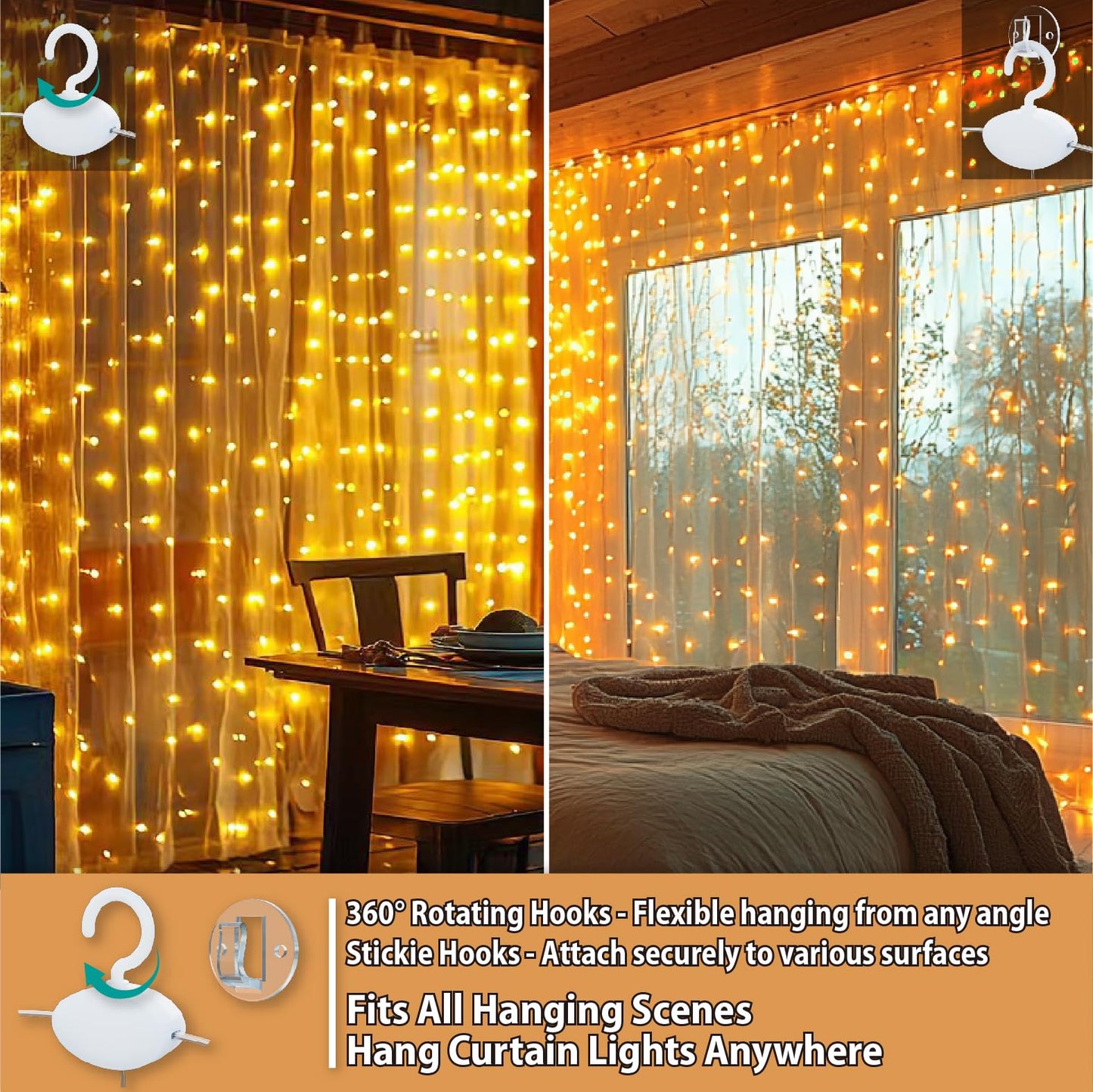 HXWEIYE 300LED Fairy Curtain Lights, 9.8x9.8Ft USB, Remote, 8 Modes & Timer