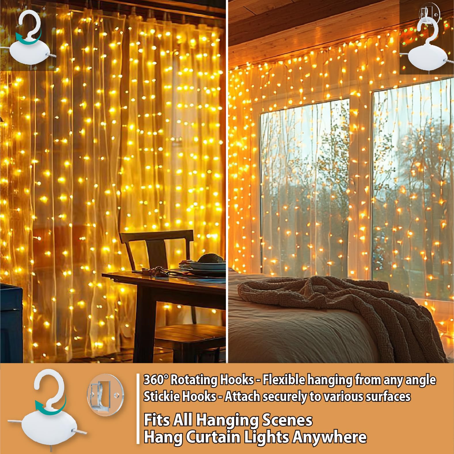 HXWEIYE 300LED Fairy Curtain Lights, 9.8x9.8Ft USB, Remote, 8 Modes & Timer