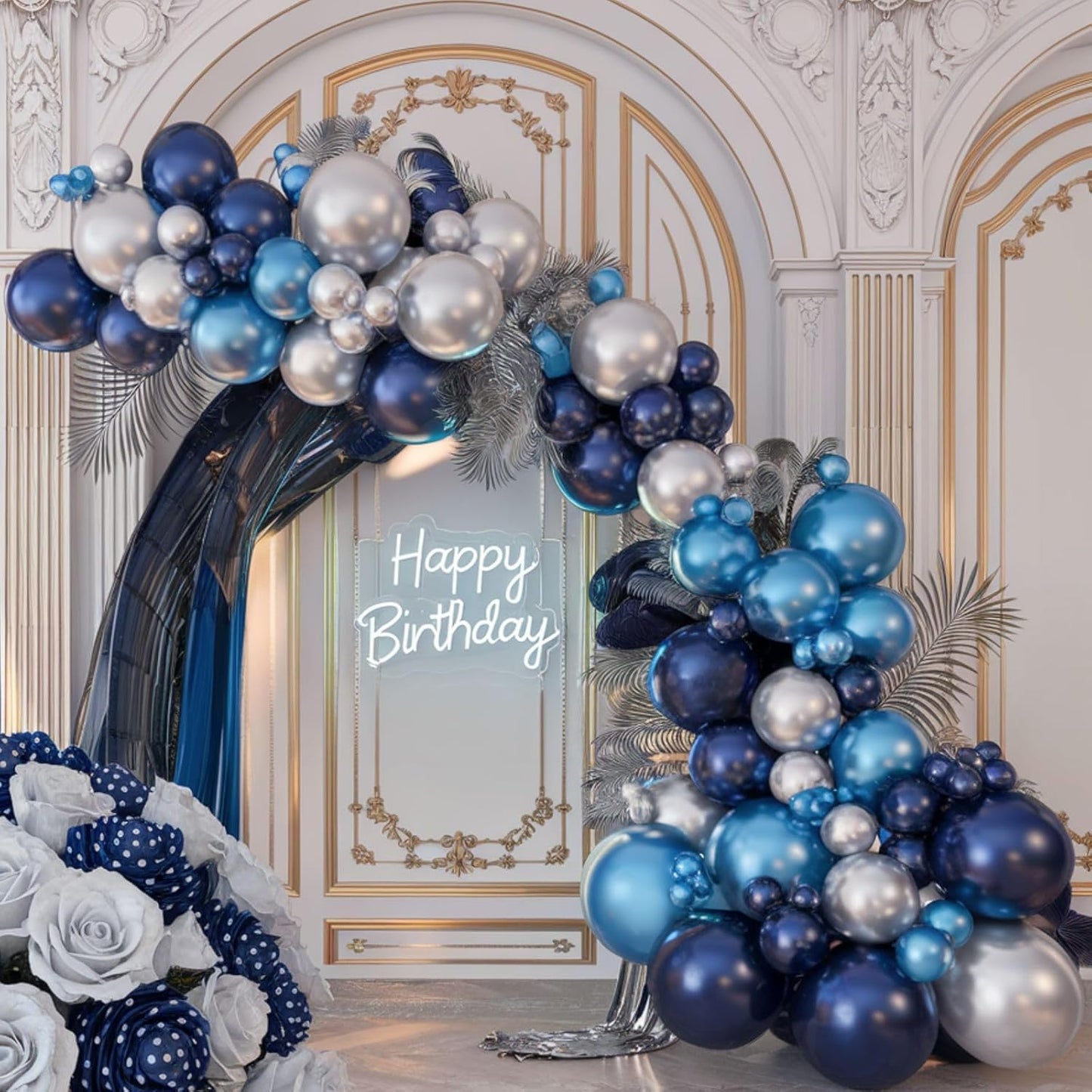Blue and Silver Balloons, 12 Inch Navy Blue Balloons, Pearl Blue Metallic Silver Confetti Balloon Latex for Boys Birthday Baby Shower Gender Reveal Bachelor Party Graduation Decorations