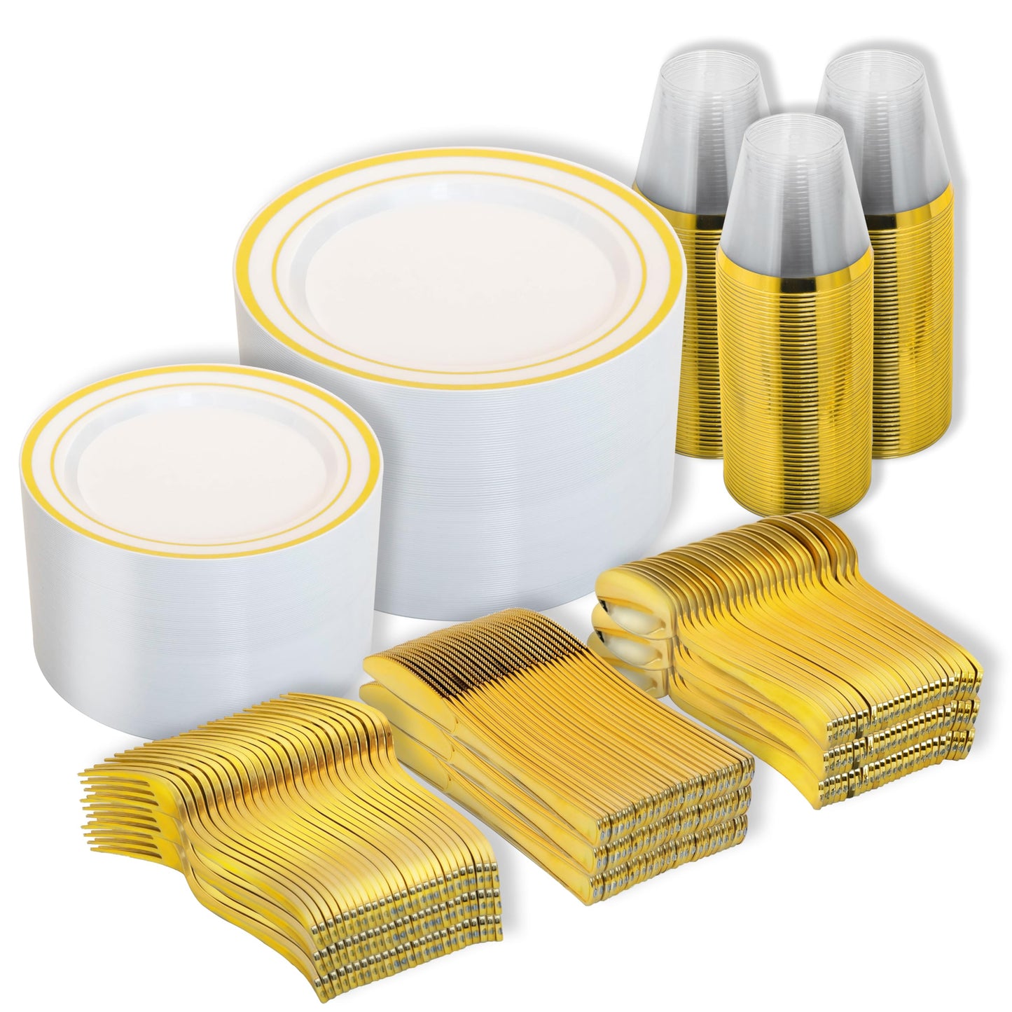 N9R 600PCS White and Gold Plastic Plates, Disposable Dinnerware Set