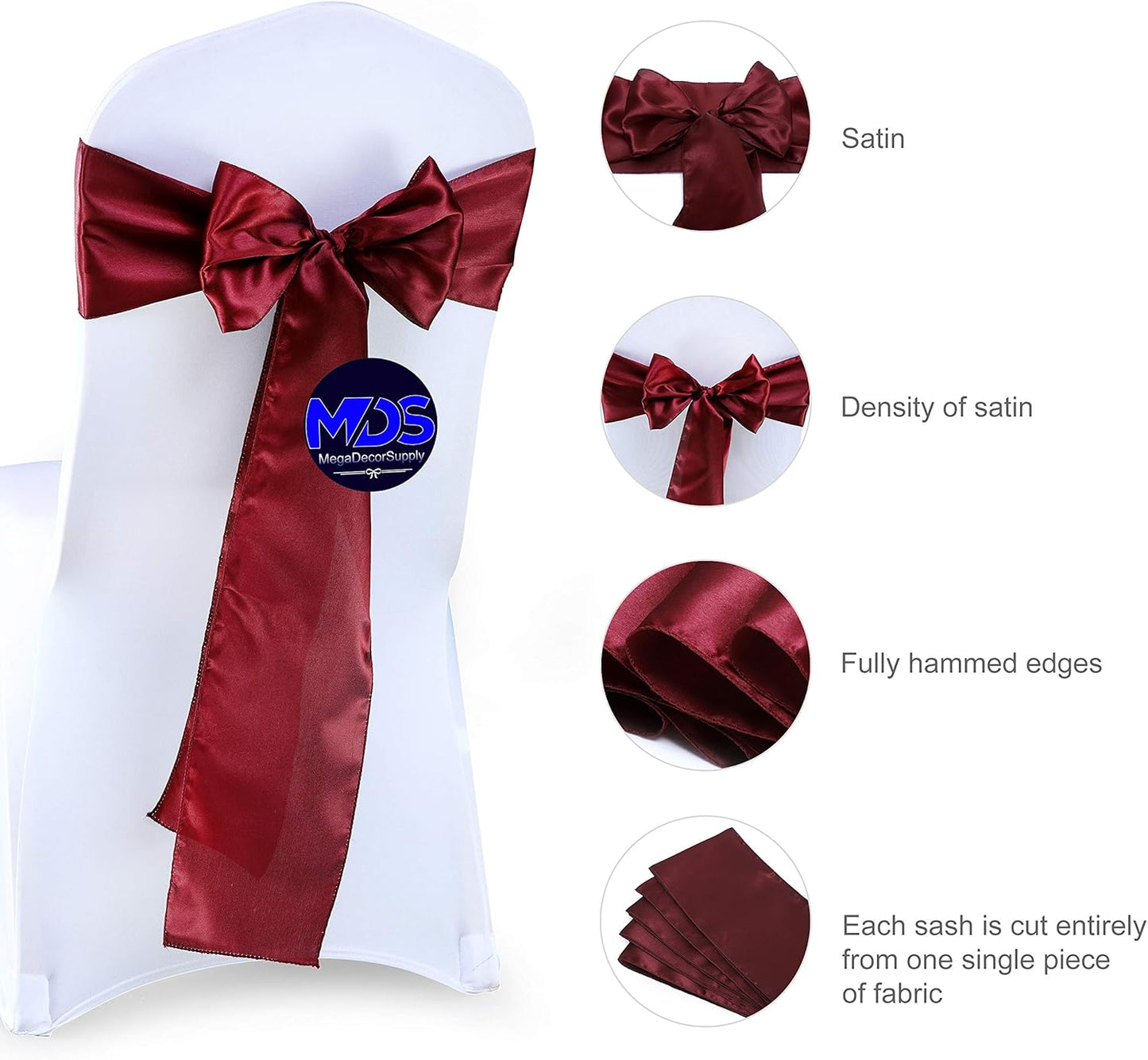 MDS Pack of 50 PCS Satin Chair Sashes Charmeuse Sateen Dining Chair Bows Ribbon Ties Back Sash for Wedding Party Birthday Home Hotel Restaurant Banquet Decoration (7 x 108 Inch, Maroon)
