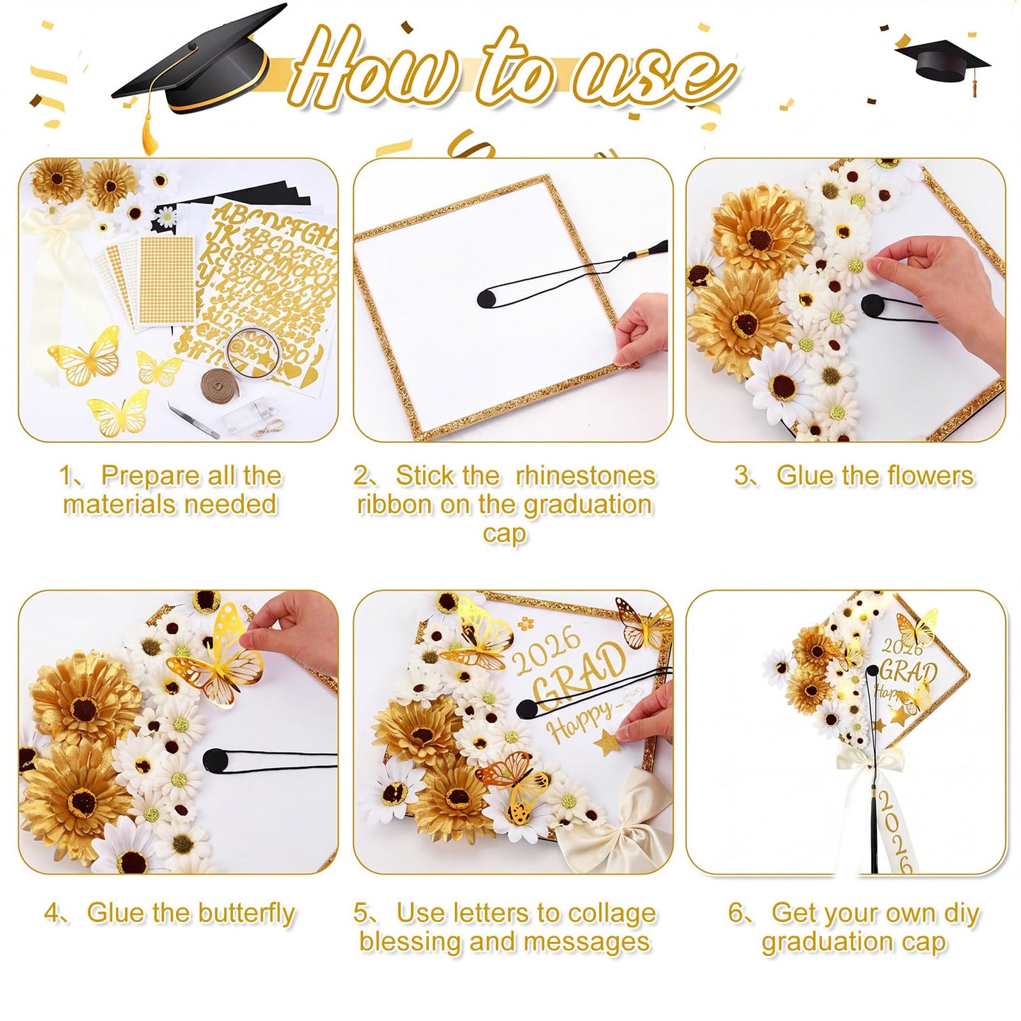 Wavwavw 59 Pcs DIY Graduation Cap Decoration Kit White with LED Lights