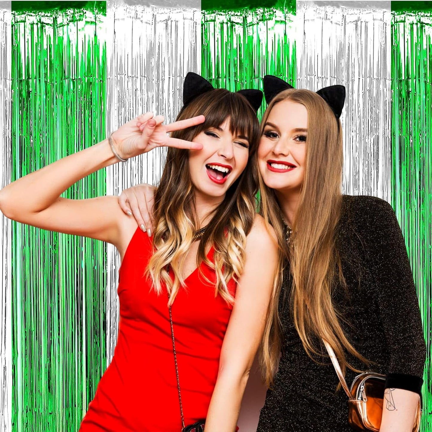 4 Pack Foil Fringe Curtain Backdrop, 3.28Ft x 8.2Ft Metallic Tinsel Foil Fringe Streamers Curtain for Photo Booth, Wedding, Mardi Gras Birthday Carnival St Patrick Day Party Decoration (Silver Green)