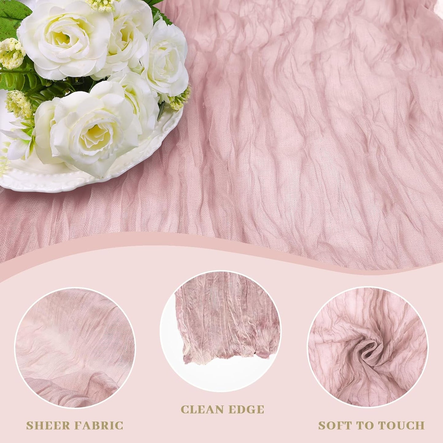 Le courant 6pcs 10Ft Cheesecloth Table Runner, Rustic Boho Gauze Cheese Cloth Runner Table Runner for Weddings Bridal Baby Shower Birthday Holiday Parties Home Decor, Dusty Pink