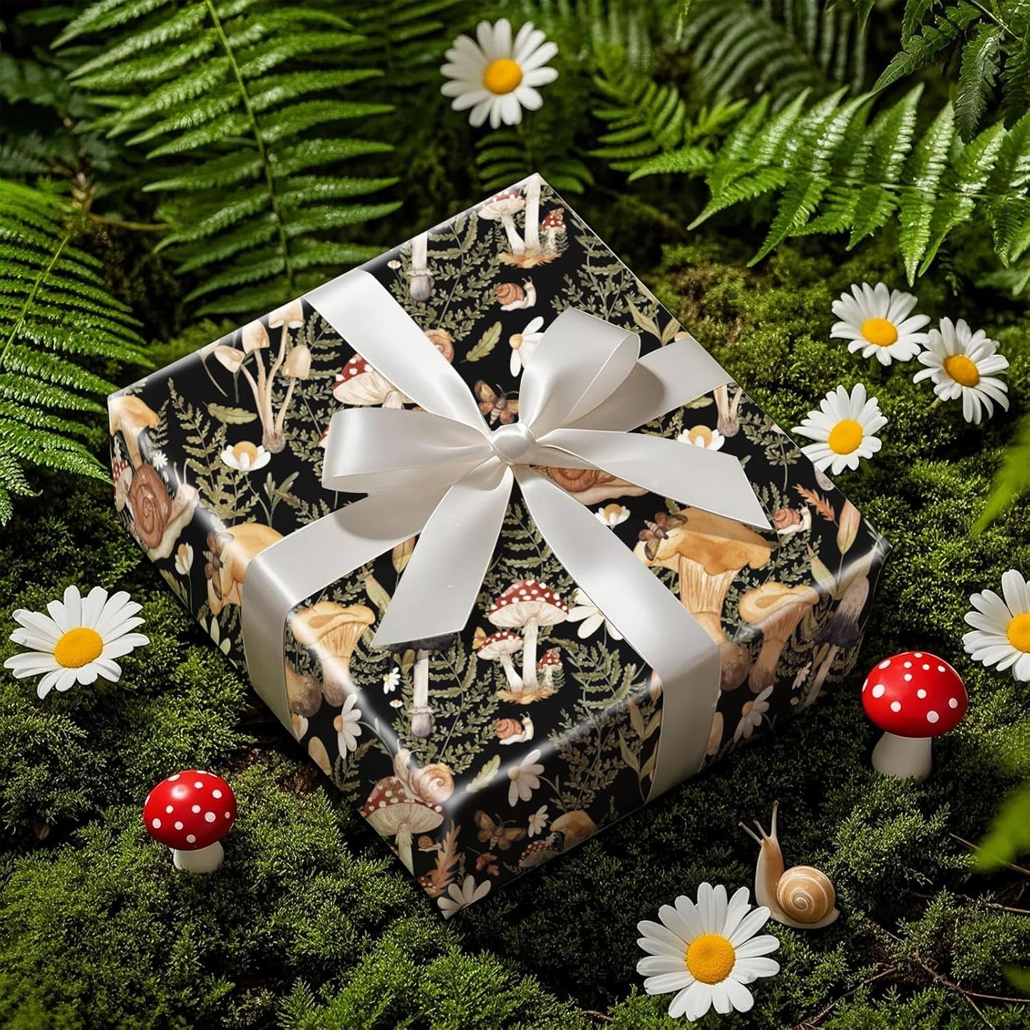 RUSPEPA Forest Mushroom Wrapping Paper Roll, Mini Roll, Woodland Squirrel and Snail Design, Black Nature Gift Wrap for Fall, Birthday, Thanksgiving Party, 17 Inches x 16.4 Feet