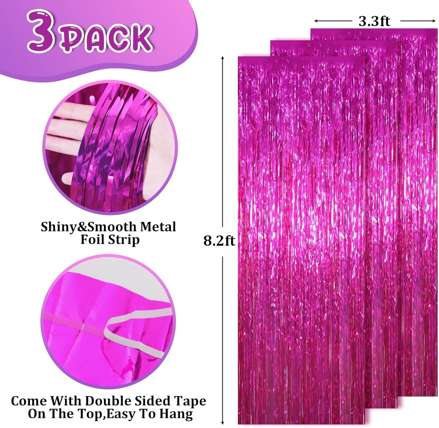 3 Pack 3.3x8.2 Feet Pink Foil Fringe Backdrop Curtains, Tinsel Streamers Birthday Party Decorations, Fringe Backdrop for Graduation, Baby Shower, Gender Reveal, Disco Party