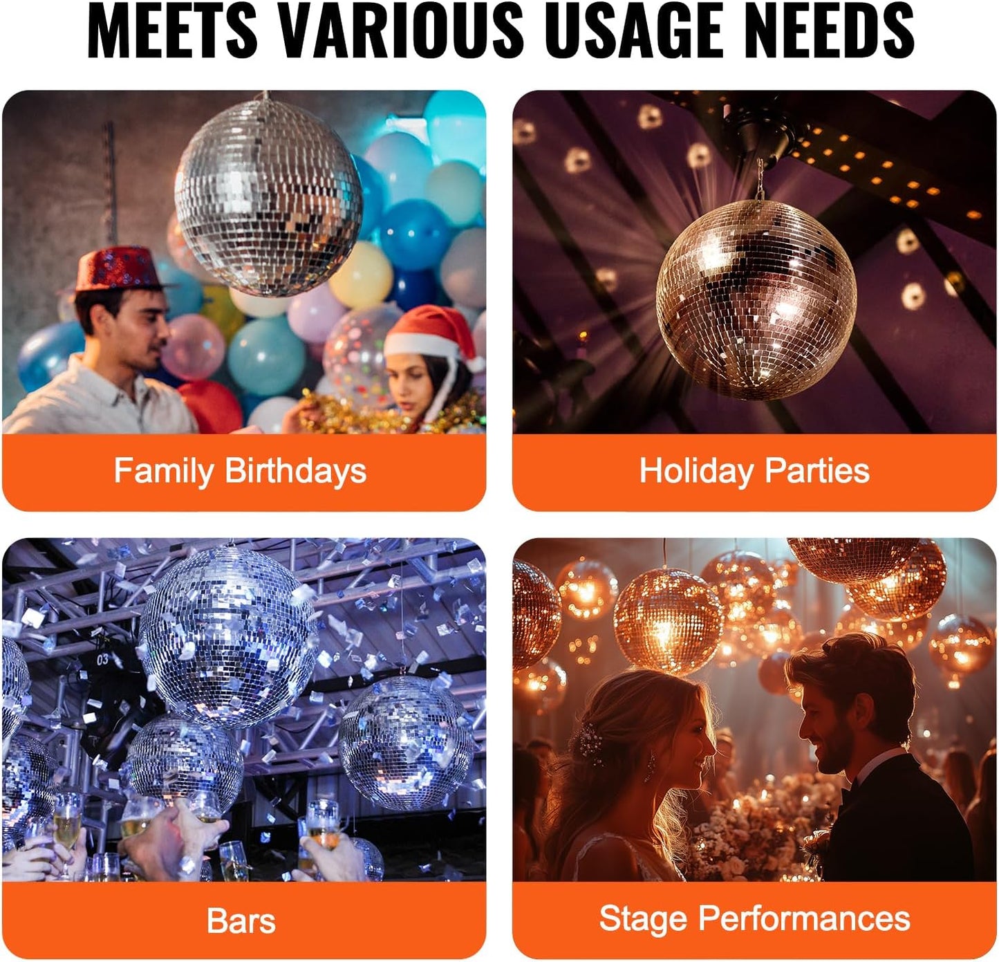VEVOR Mirror Disco Ball, 16 Inch Party Mirror Ball with Hanging Ring, Large Lightning Disco Ball Party Decorations, Ideal for DJ Club, Stage, Wedding, Birthday, Christmas, New Years Celebration