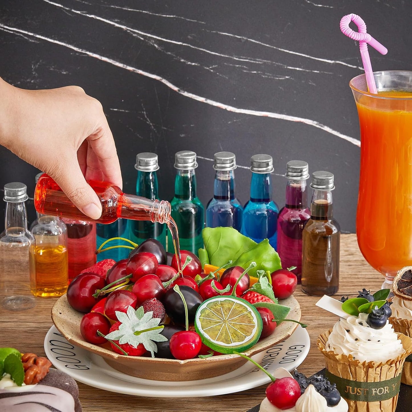 Tessco for you 100 Pcs Mini Liquor Bottles Plastic Mini Salad Dressing Bottle Christmas Small Shooter Alcohol Holders with Cap Wine Hot Sauce(0.8 oz,Silver)