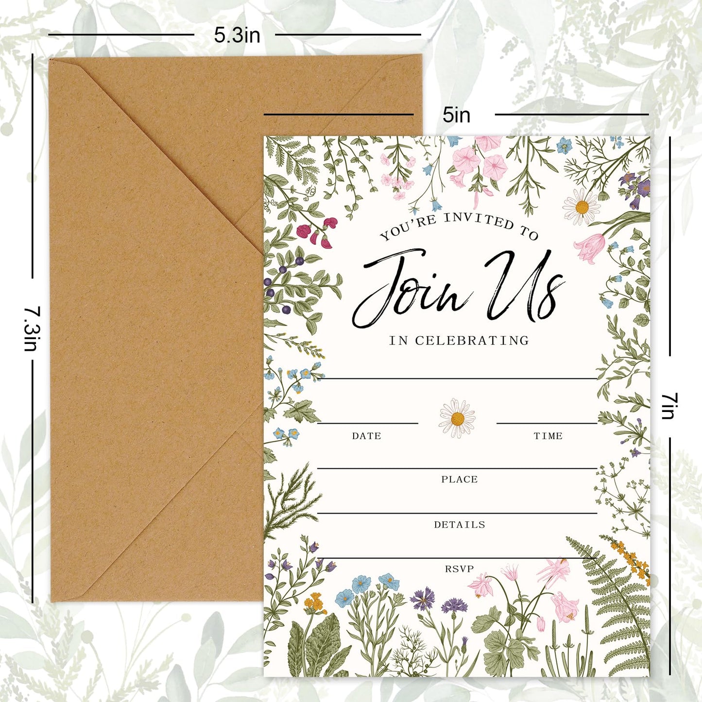Whaline 25 Packs Vintage Floral Invitations with Envelopes and Stickers Retro Wildflower Invitation