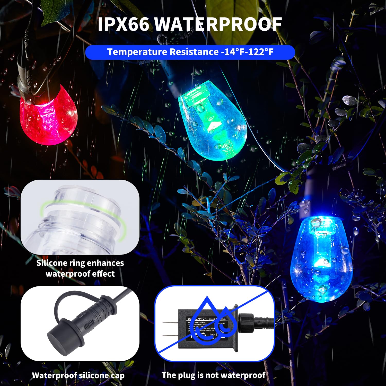 CAWWS Outdoor String Lights 50FT, Color Changing Patio Lights, Waterproof