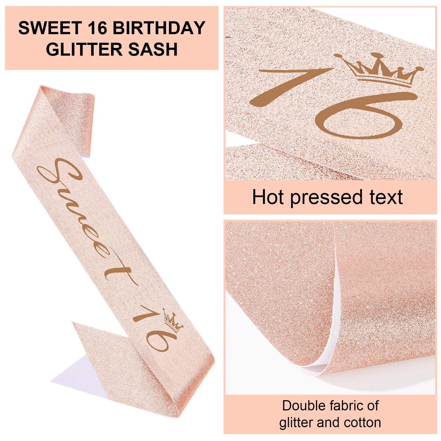 Semato Sweet 16 Party Decorations Set - 16th Birthday Crown and Sash Glitter Kit for Girls Party
