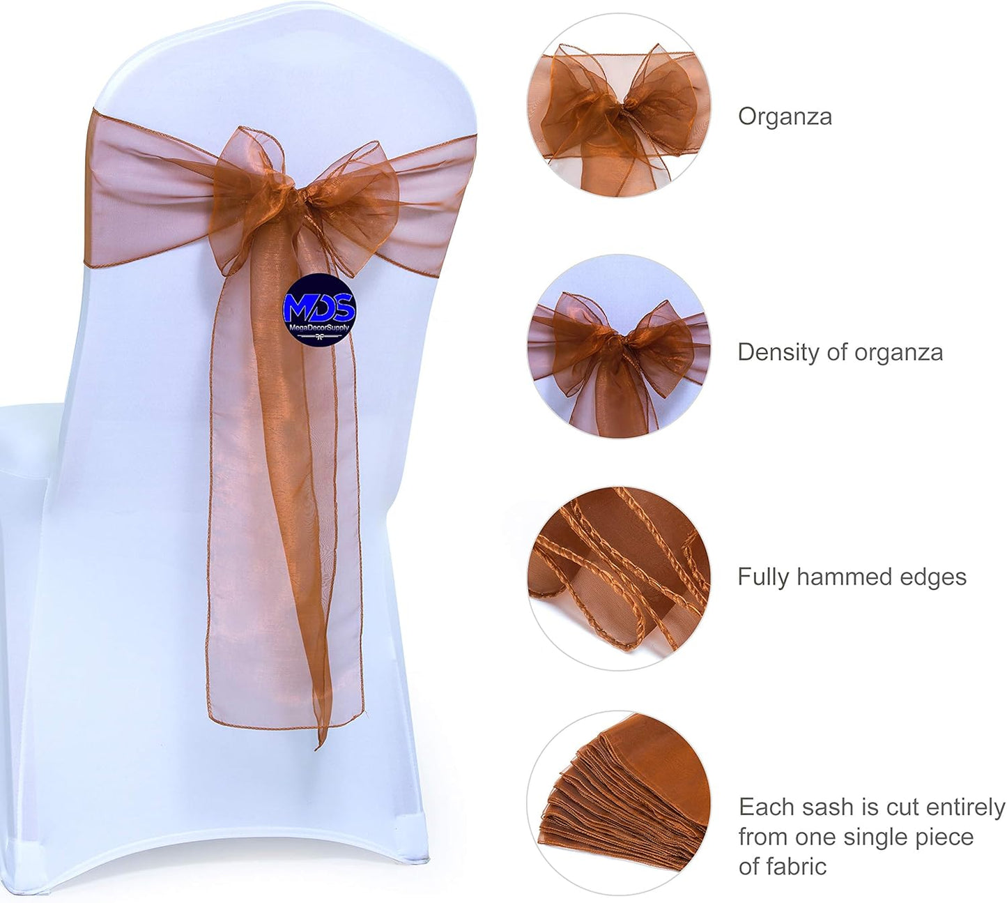 MDS Pack of 150 PCS Organza Chair Sashes Wider Dining Chair Bows Ribbon Tie Back for Wedding Party Birthday Bridal Shower Reception Event Banquet Home Chair Cover Decoration - Bronze