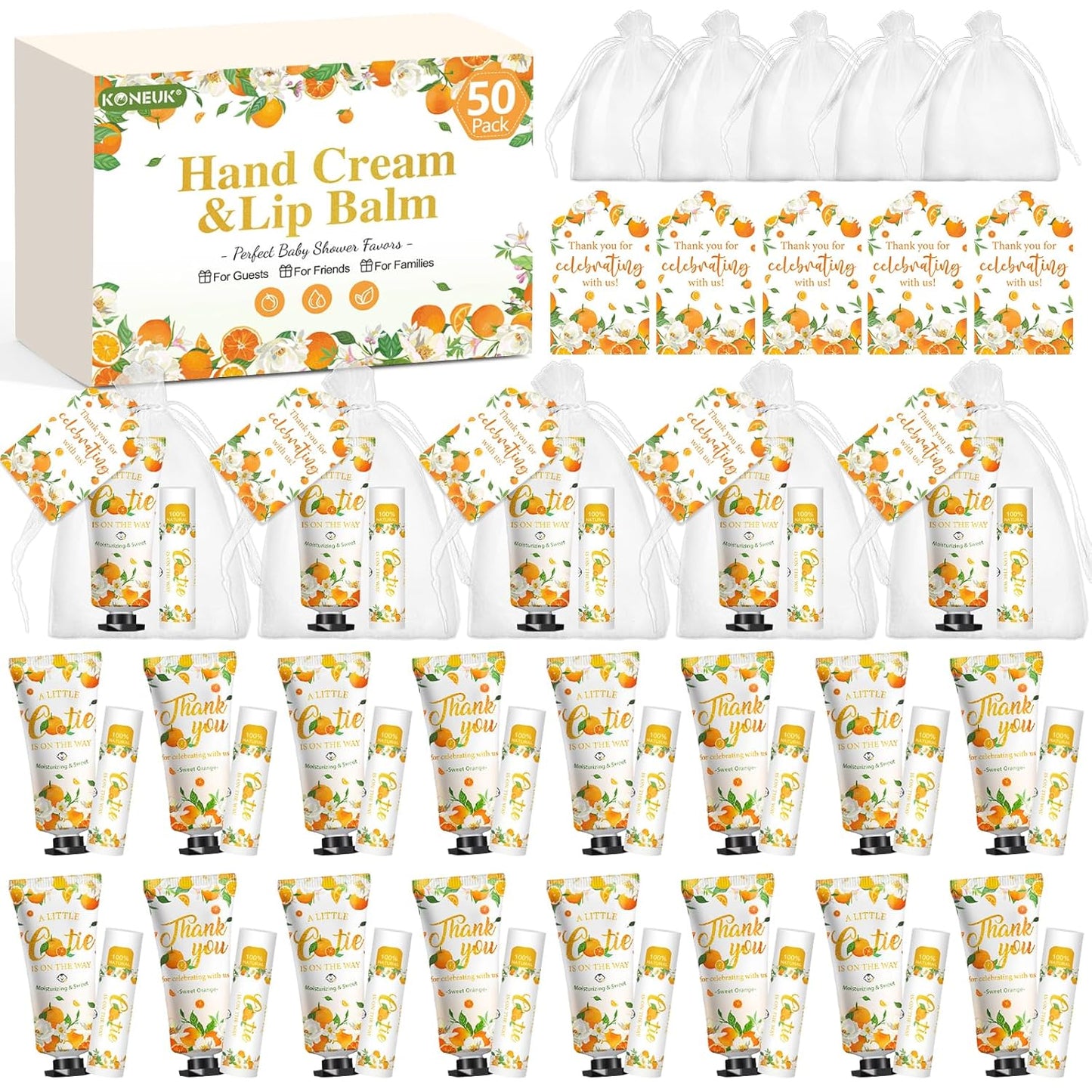 50 Pack Bulk Hand Cream and Bulk Lip Balm Gifts Sets, Bridal Shower Favors and Baby Shower Favors for Guests with Thank You Card and Organza Gift Bags, Appreciation Gifts, Baby Shower Prizes (Orange)