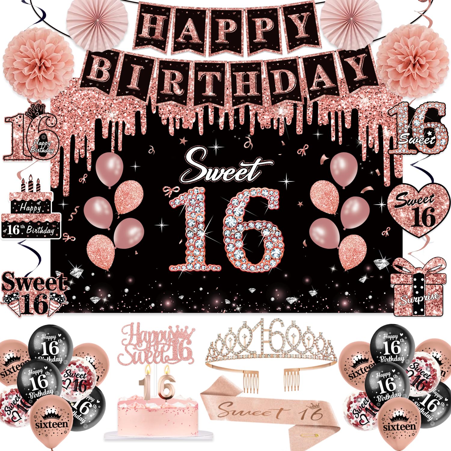 50Pcs Sweet 16 Birthday Party Decorations for Girls,Pre-Assembled Party Set