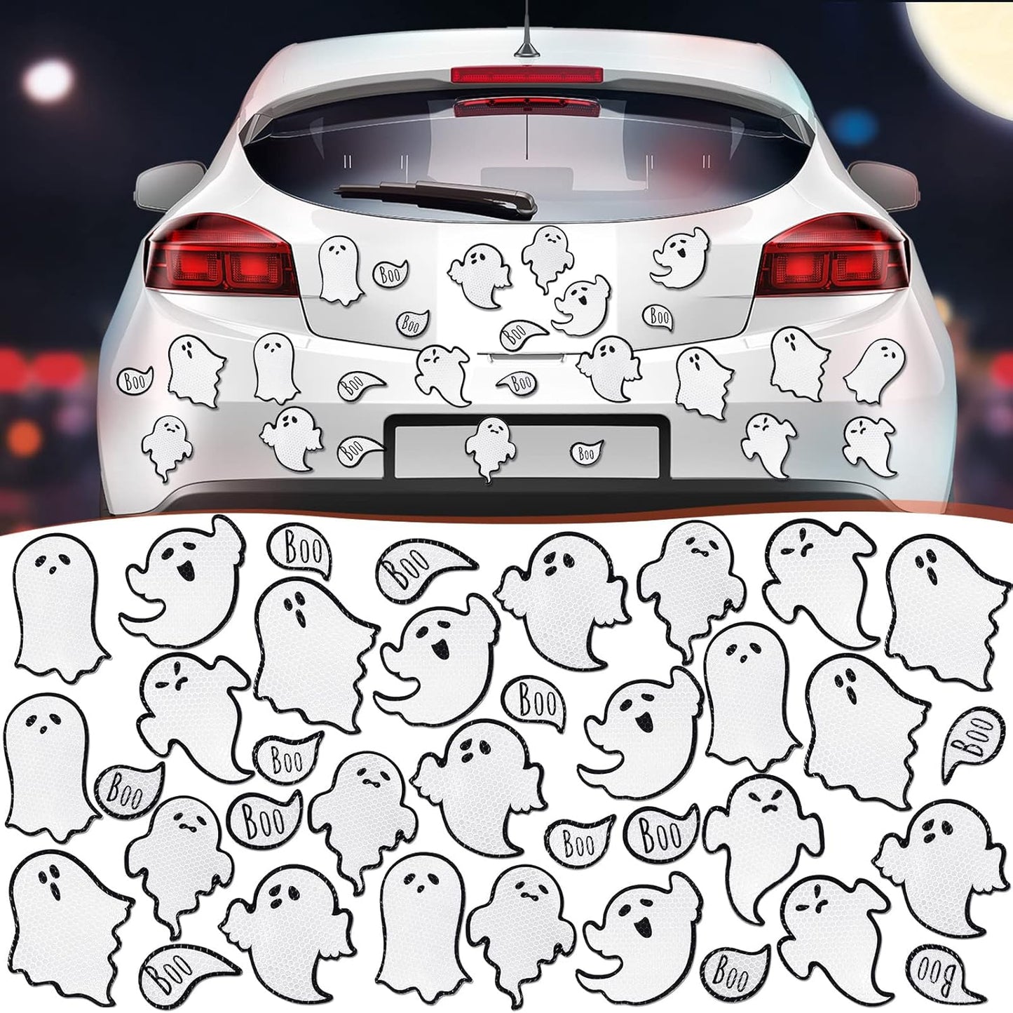 Chinco 36 Pcs Halloween Ghost Car Magnets Reflective Ghost Boo Refrigerator Automotive Magnet Stickers Cute Holiday Fridge Garage Door Decorations Holiday Waterproof Magnetic Decals
