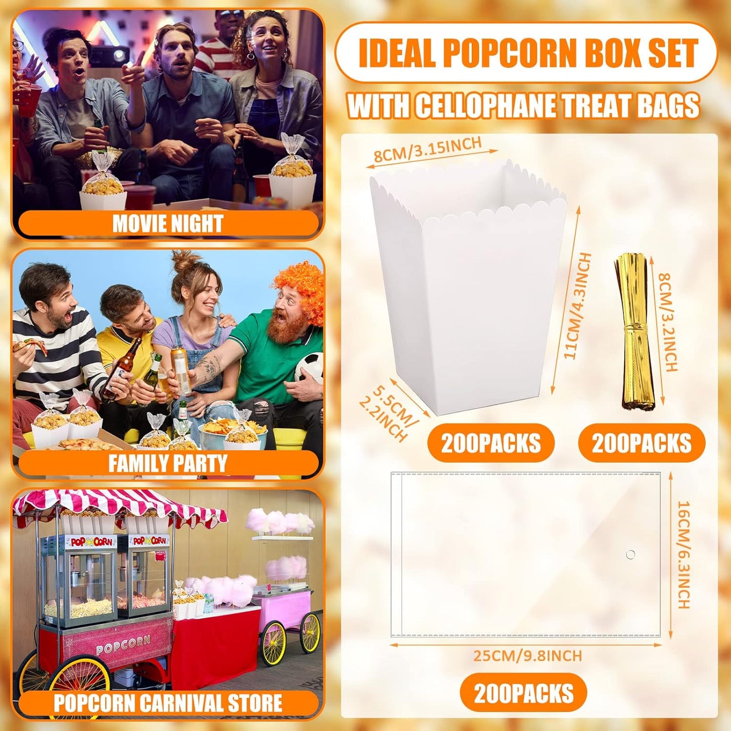 400 Pcs Zopeal Mini Popcorn Boxes and Clear Treat Bag Set, Bulk Popcorn Bags Open Top Paper Popcorn Containers with Treat Bags Popcorn Candy Boxes for Movie, Party, 3 x 4 Inch (White)