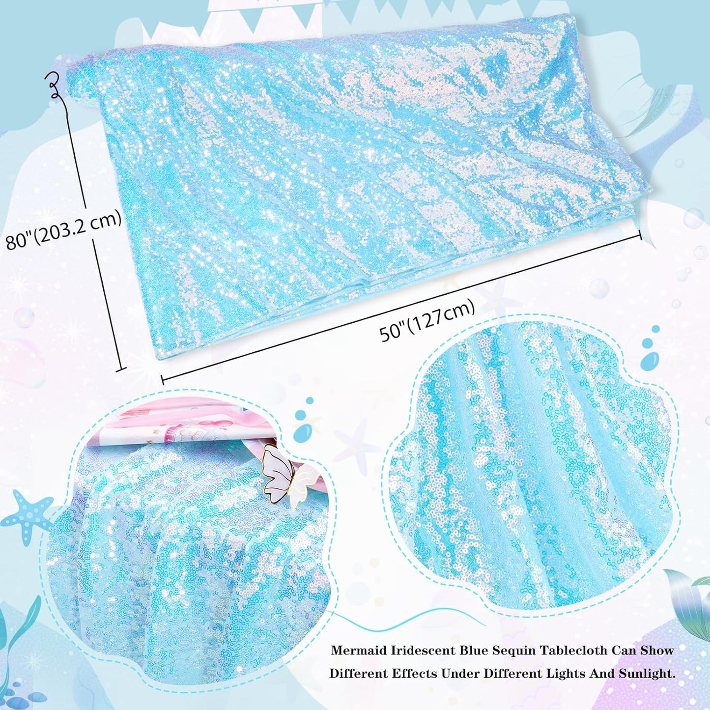 Glitter Blue Tablecloth 50x80 Inch Iridescent for Anniversary Birthday Baptism Mermaid Ocean Theme