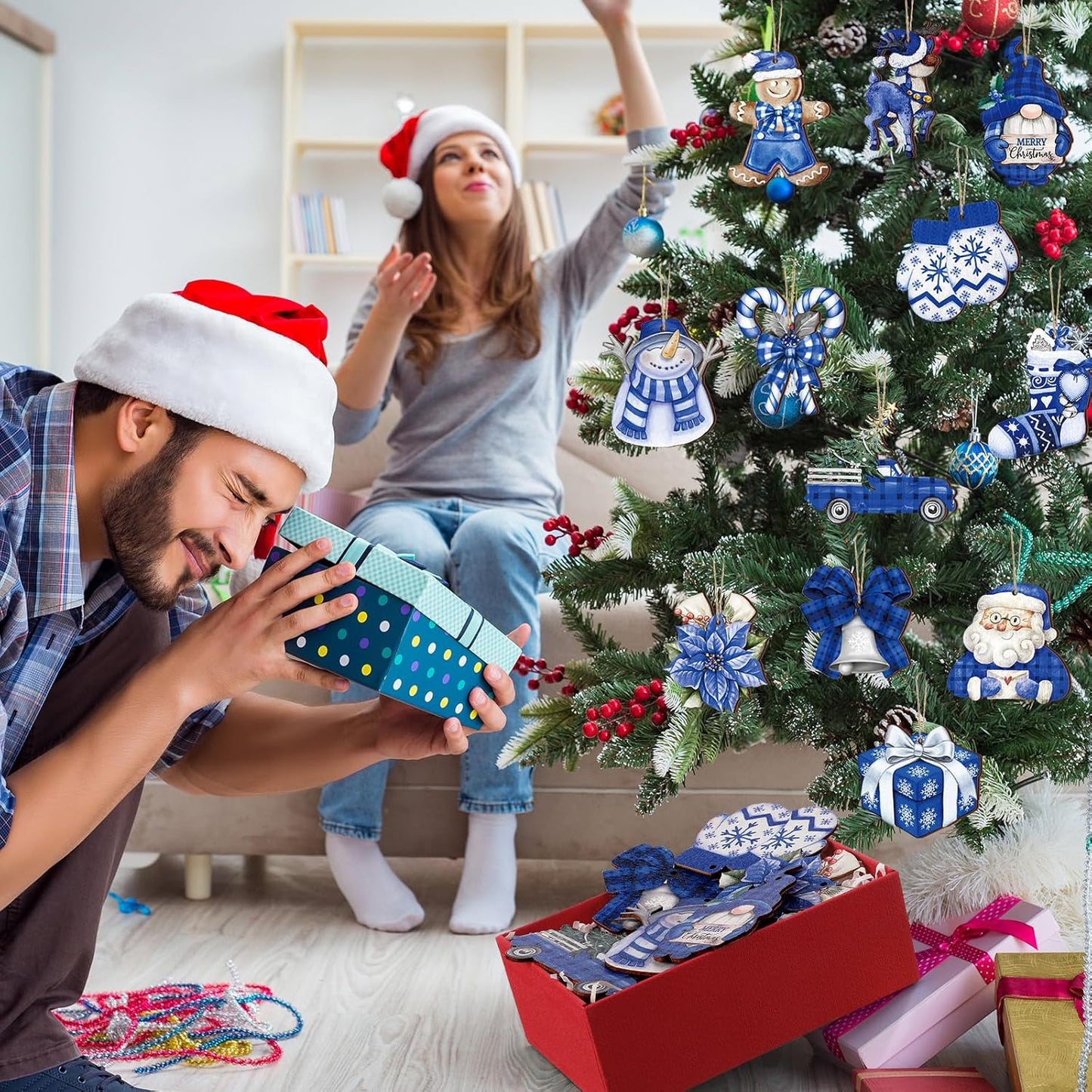 Suzile 36 Pcs Christmas Wooden Ornaments Blue Christmas Ornaments for Tree Vintage Winter Tree Decorations Xmas Hanging Wood Cutouts Decor for Farmhouse Home Winter Holiday Party Wreaths