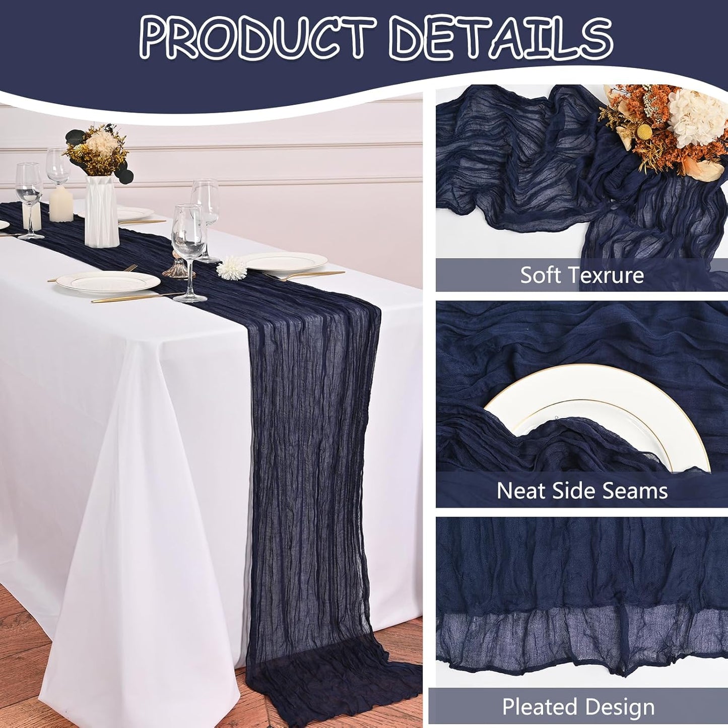 24 Pack Navy Blue Cheesecloth Table Runner 20 x 120 inch Gauze 10FT Semi Sheer Boho Fabric Cheese Cloth Table Runner for Wedding Party Birthday Baby Bridal Shower