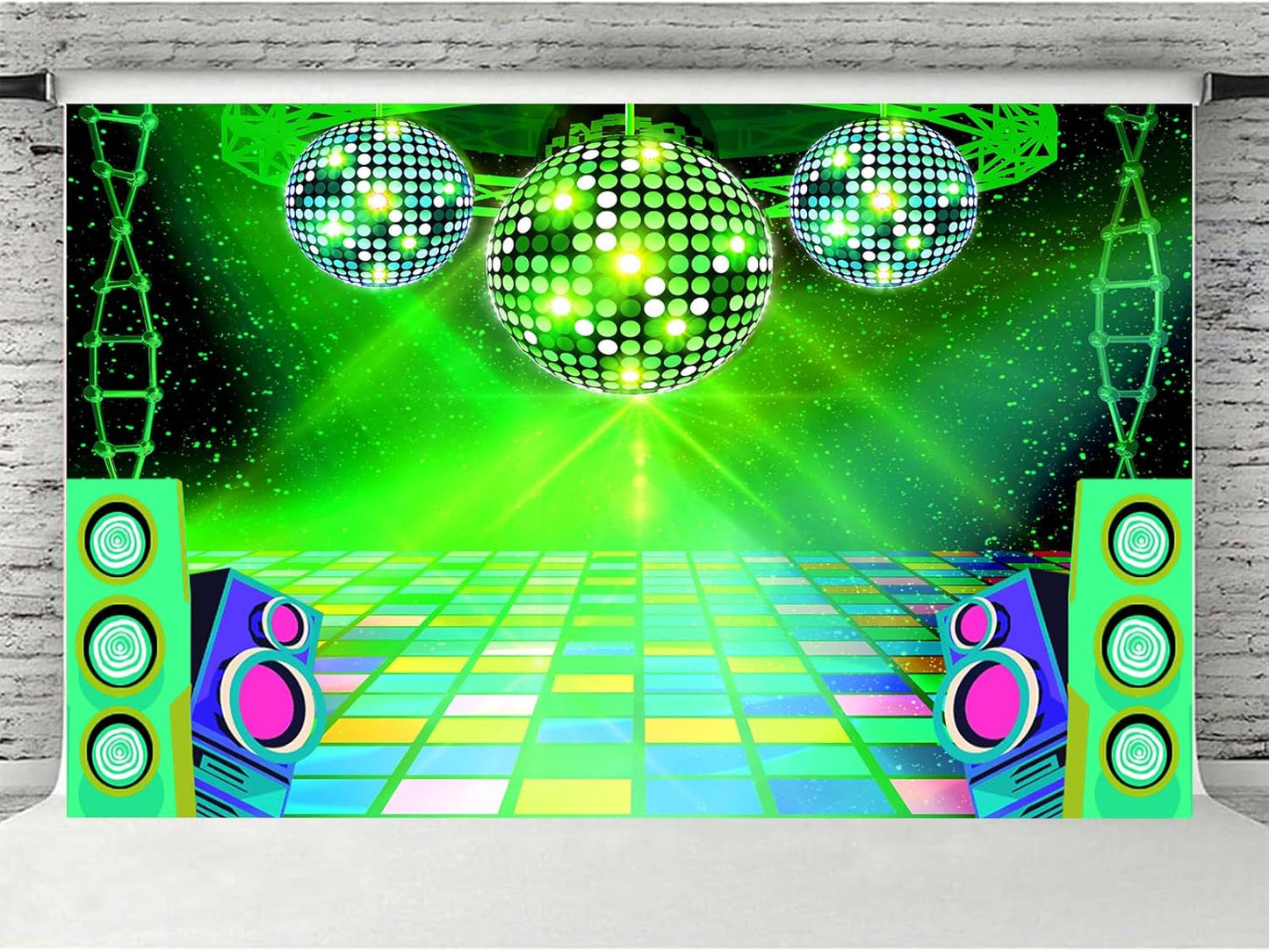 Dance Party Backdrop Retro 80s 90s Theme Stage Dance Ball Music Birthday Party Decoration DJ Photography Background 12 x 10 ft for Baby Shower Picture Photo Shoot Polyester Fabric, Green